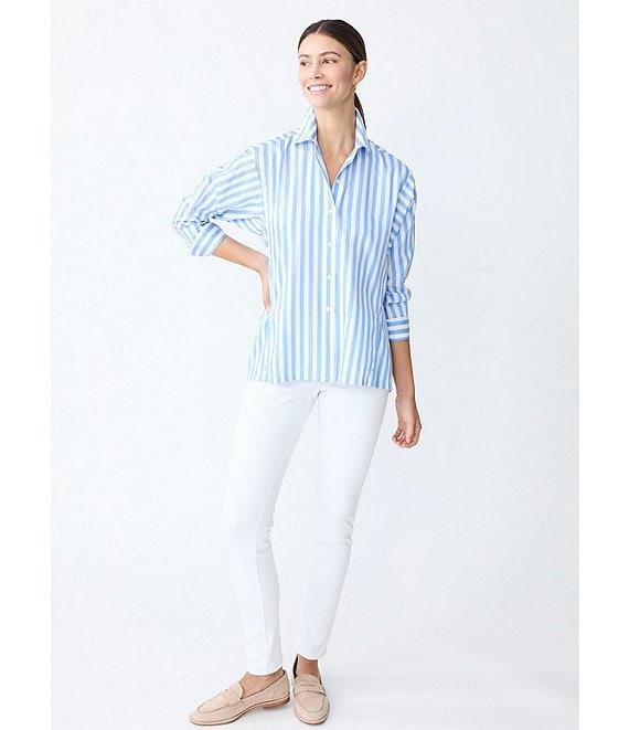 J.McLaughlin Alexis Cotton Sateen Stripe Print Point Collar Long Sleeve Button Front Blouse Product Image