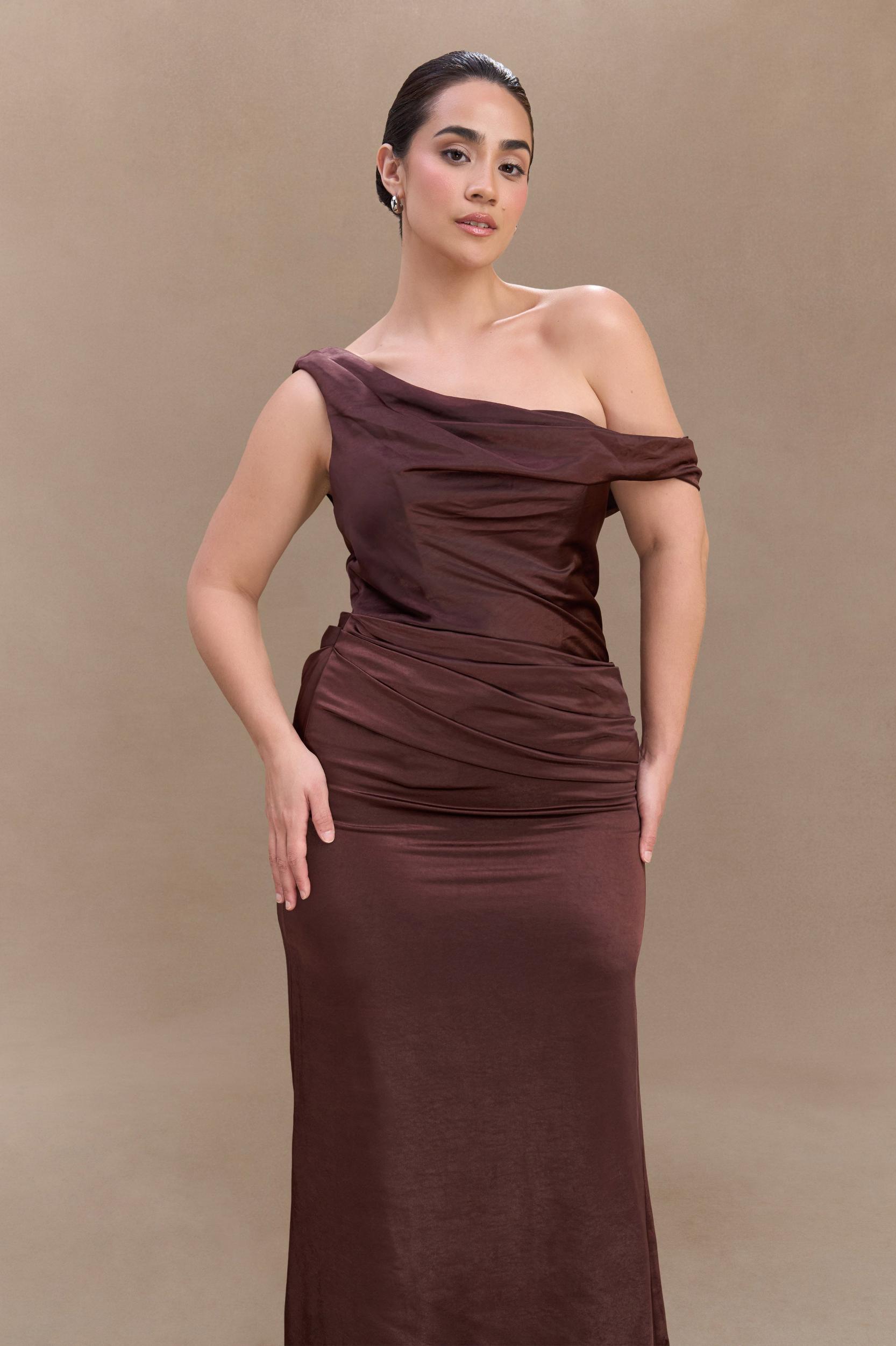 Dalia Off Shoulder Satin Maxi Dress - Dark Chocolate Product Image