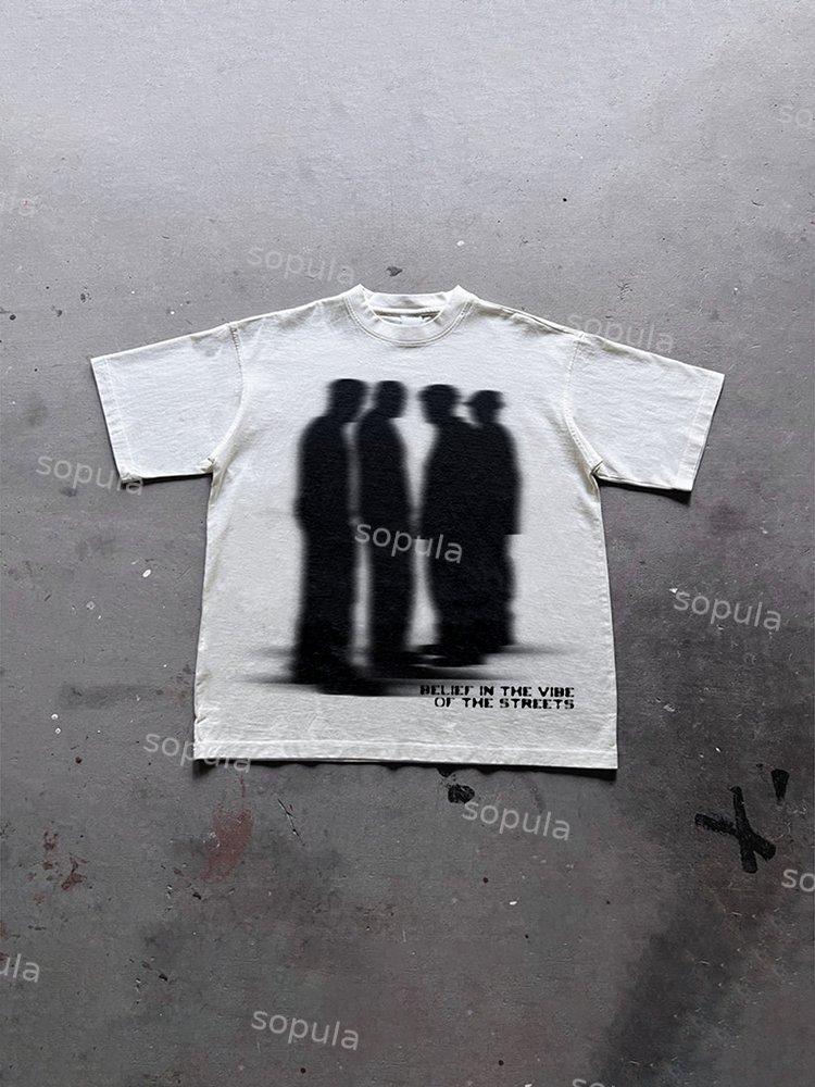 Sopula Street Atmosphere Virtual Shadow Characters Shadow Graphic Cotton T-Shirt Product Image