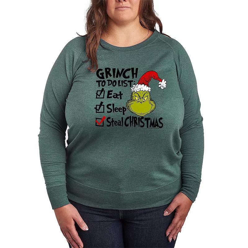 Plus Size Dr. Seuss The Grinch To Do List French Terry Long Sleeve Tee, Women's, Size: 2XL, Beige Product Image