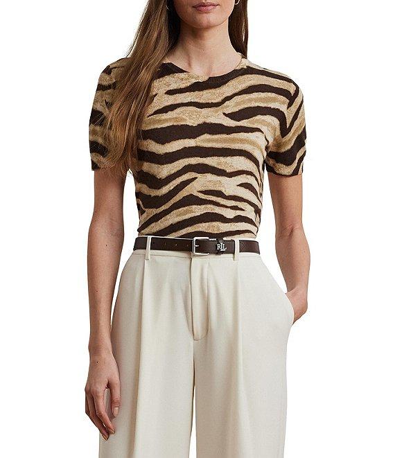 Lauren Ralph Lauren Linen-Cotton Zebra Print Ribbed Crew Neck Short Sleeve Sweater Product Image