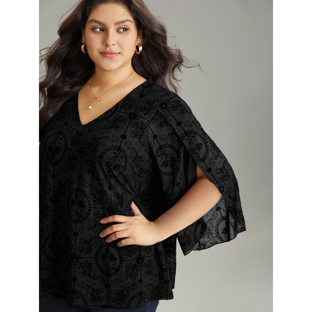 Plus Size Black Silhouette Floral Print V Neck Petal Sleeve Blouse Women Elegant Elbow-length sleeve V-neck Dailywear Blouses BloomChic 30/6X Product Image