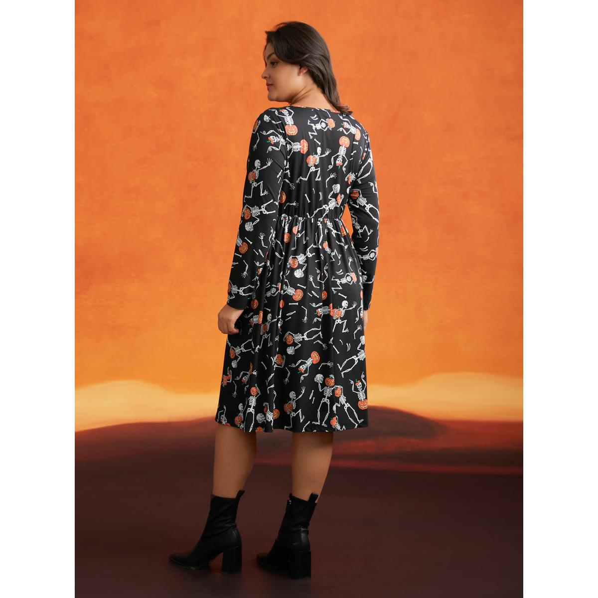 Plus Size Pumpkin Skeleton Elastic Waist Midi Dress Black Women Cocktail Non Party Curvy Bloomchic 10/M Product Image