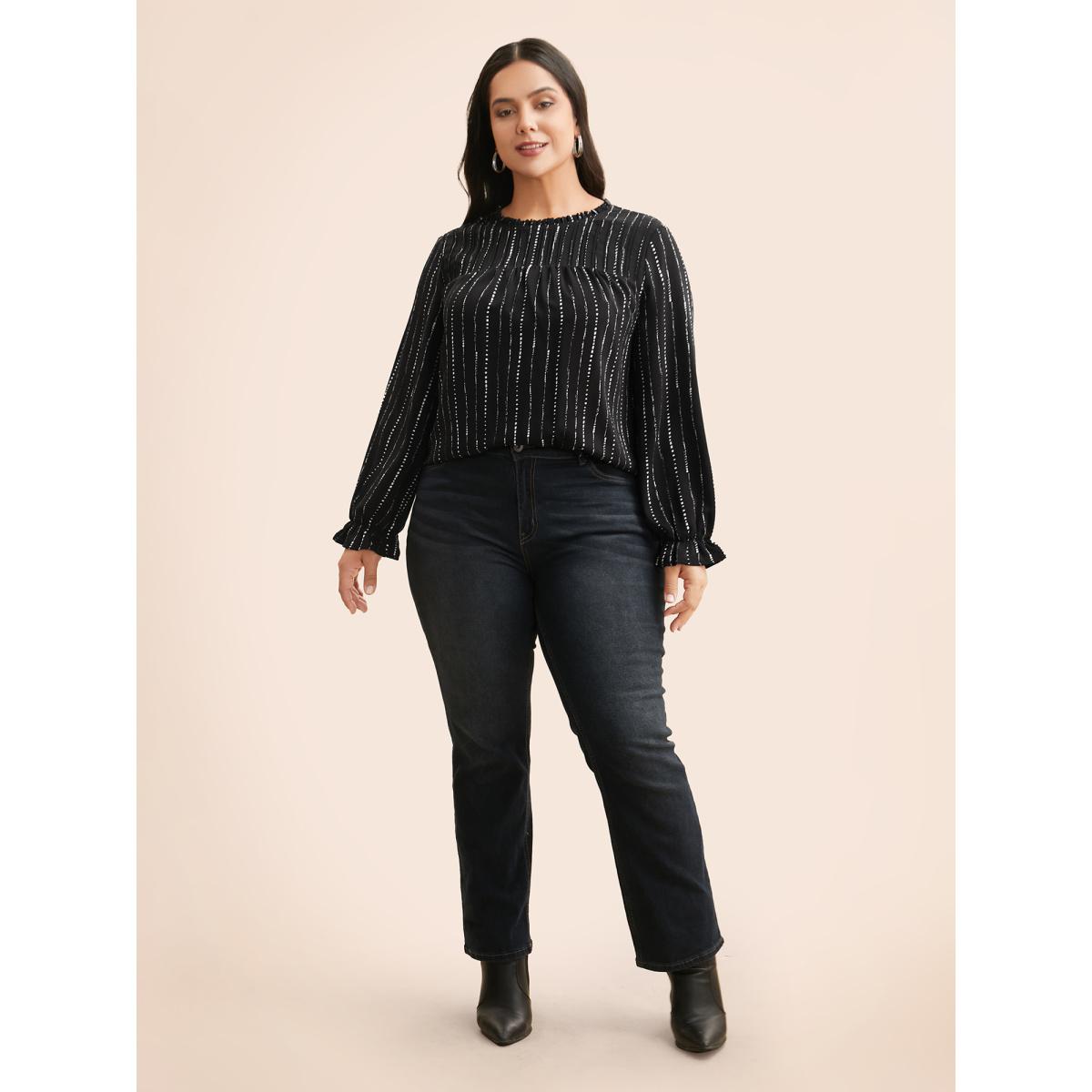 Plus Size Black Striped Lantern Sleeve Ruffles Blouse Women At the Office Long Sleeve Stand-up collar Work Blouses BloomChic 26/4X Product Image