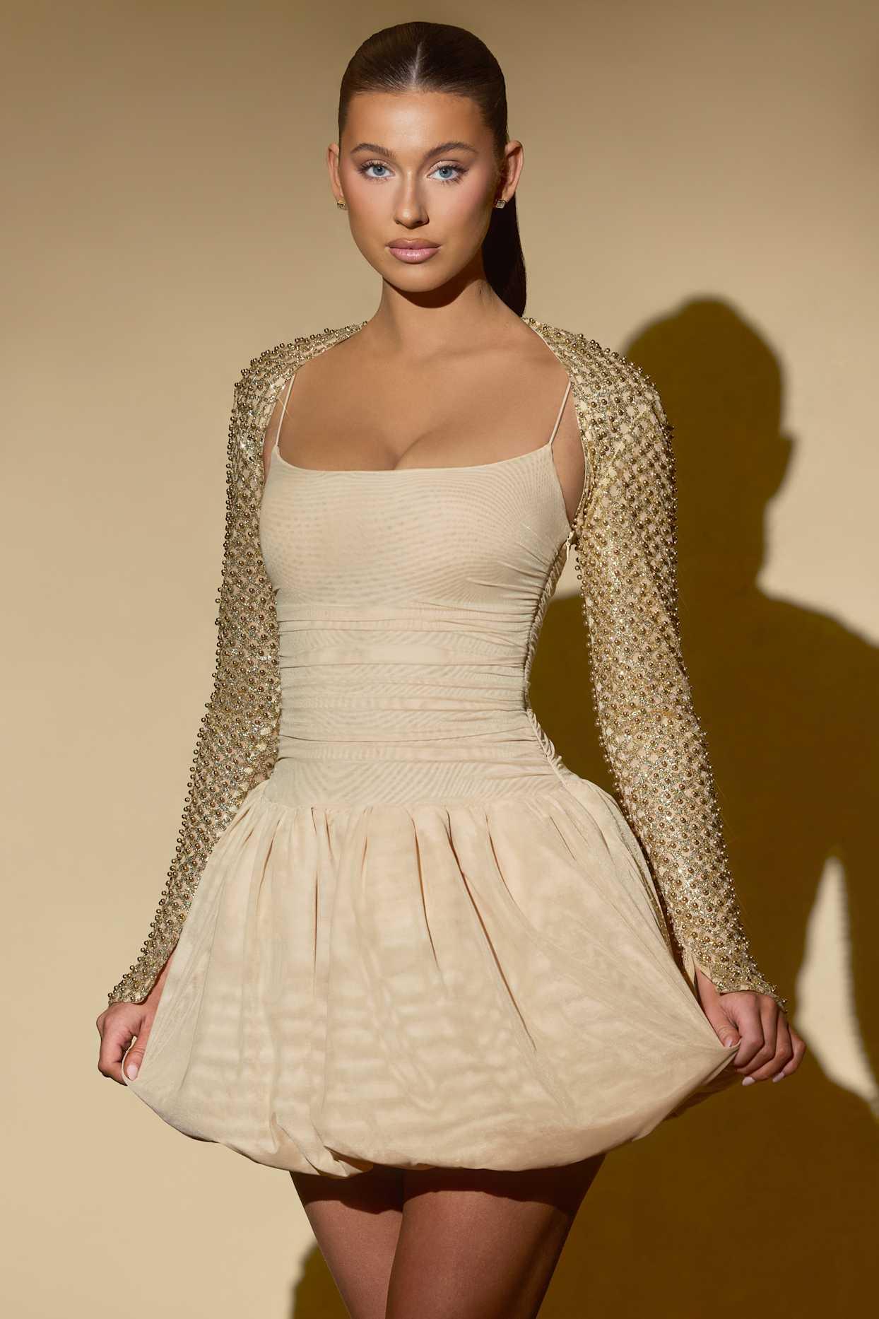 Embellished Bubble Hem Mini Dress in Gold Product Image