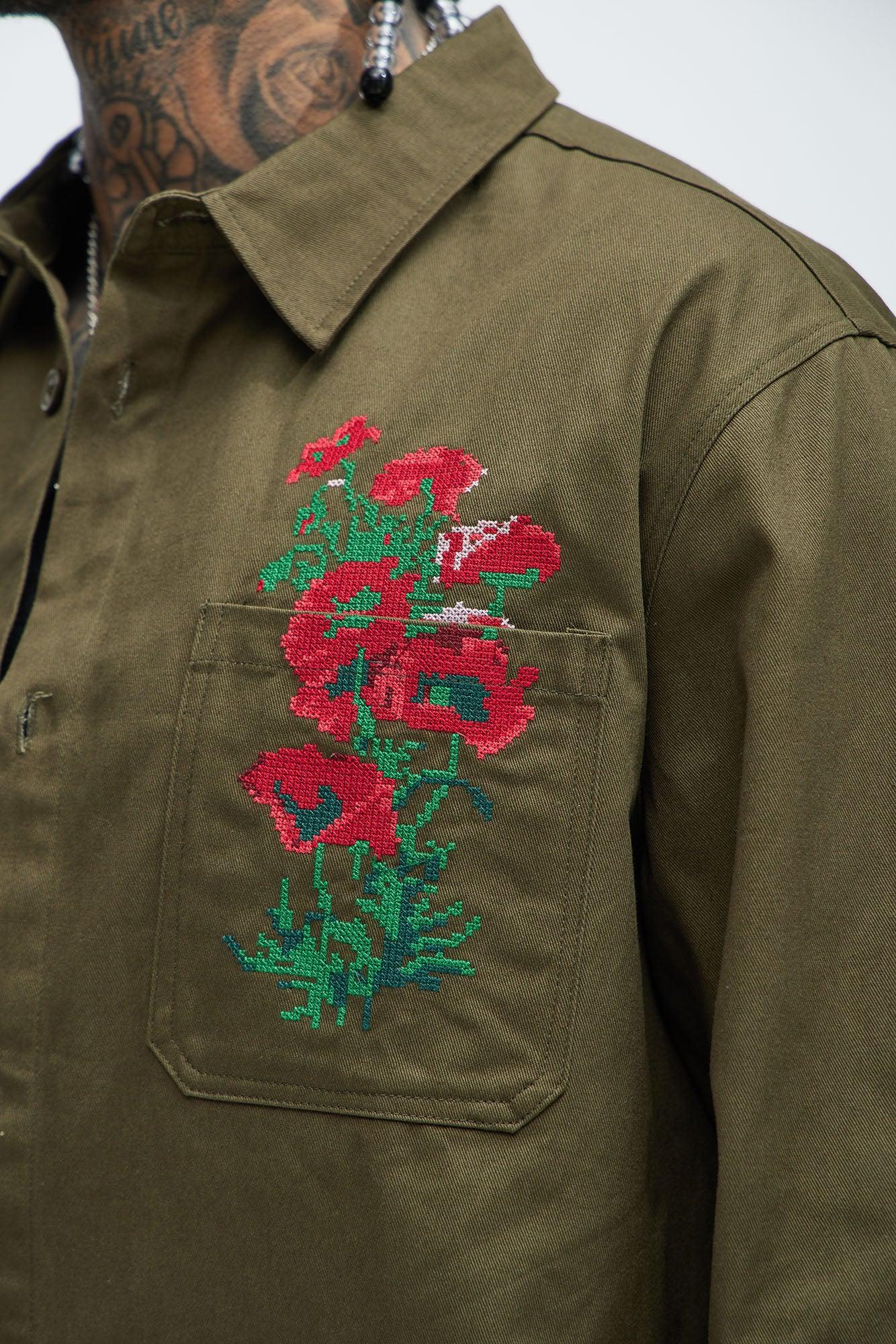 I Got You Embroidery Button Up Shirt - Olive Product Image