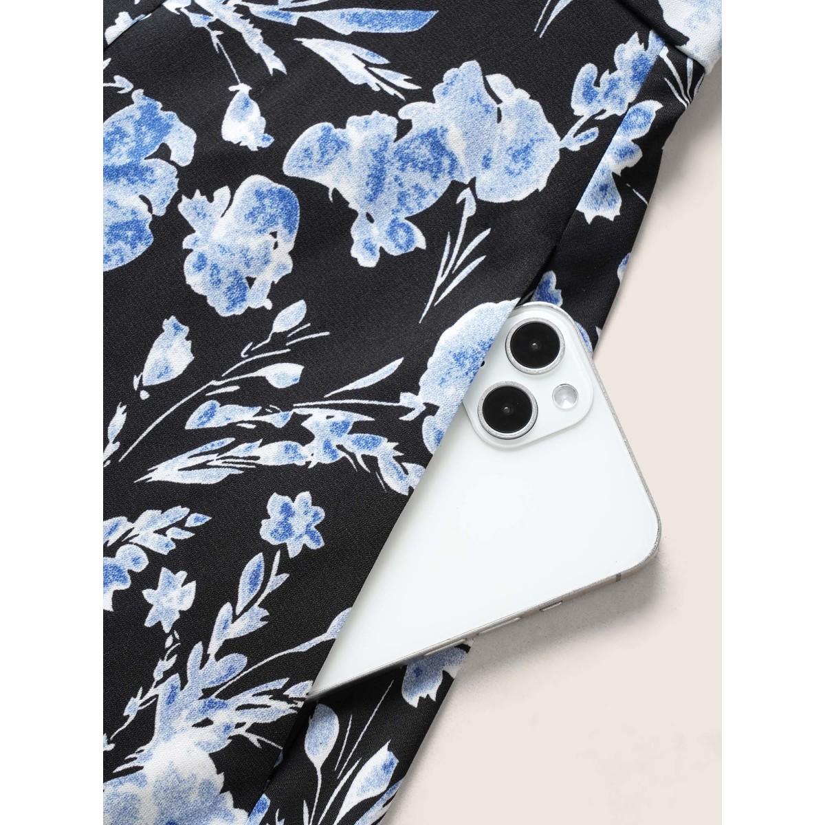 Plus Size Floral Print Tie Knot Shirred Dress Black Women Elegant Tie knot Non Sleeveless Curvy BloomChic 22-24/3X Product Image