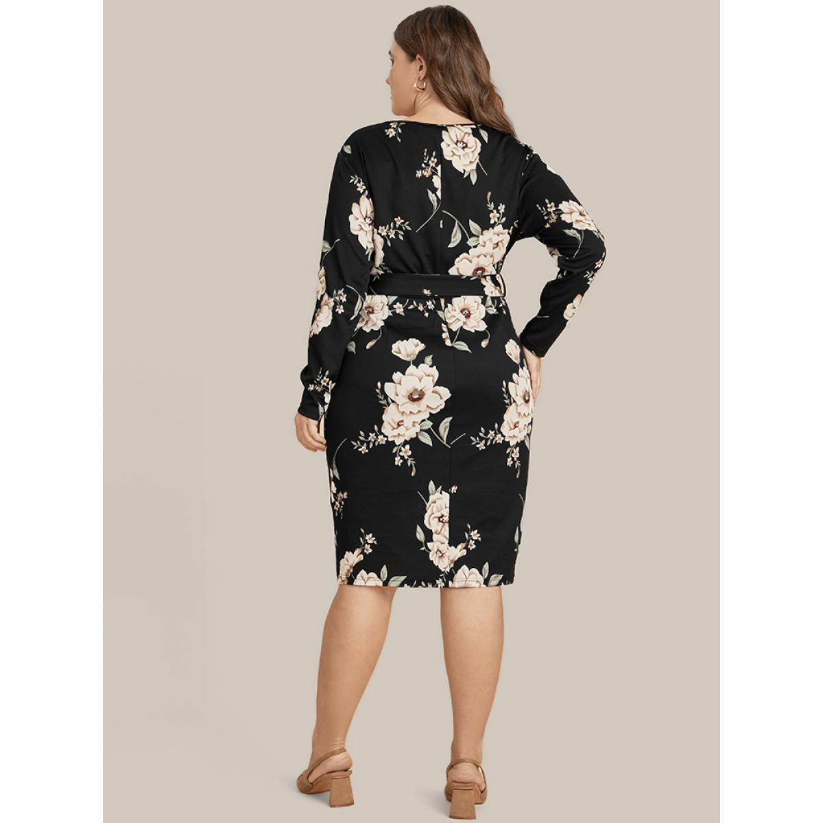 Plus Size Floral Print Belted Surplice Neck Knee Dress Black Women Elegant Belted V-neck Long Sleeve Curvy Knee Dress BloomChic 14-16/1X Product Image