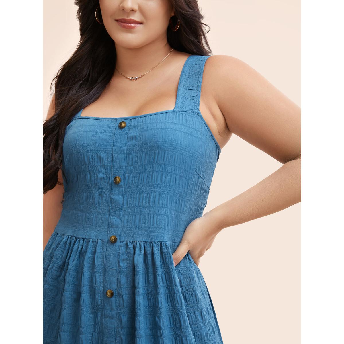 Plus Size Textured Button Detail Ruffle Layered Hem Dress Mediumblue Women Elegant Woven ribbon&lace trim Square Neck Sleeveless Curvy BloomChic 28/5X Product Image