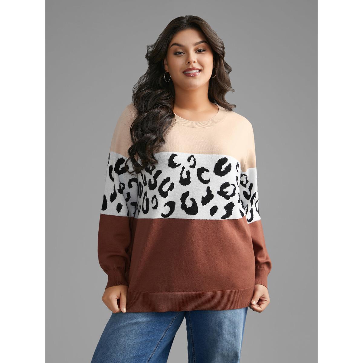 Plus Size Crew Neck Leopard Print Contrast Pullover Browncoffeecolor Women Casual Loose Long Sleeve Round Neck Everyday Pullovers BloomChic 28/5X Product Image