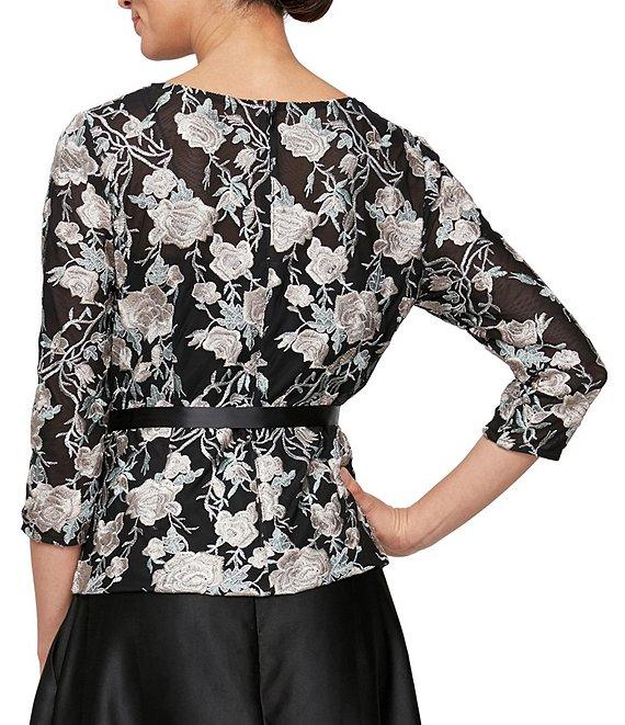 Alex Evenings 3/4 Sleeve Crew Neck Tie Waist Embroidered Floral Blouse Product Image