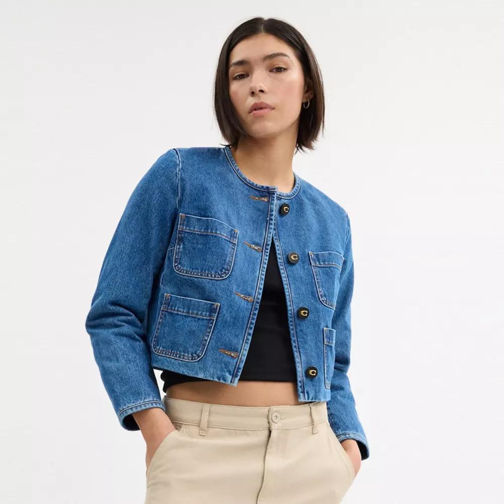 Collarless Denim Jacket In Organic Cotton Product Image