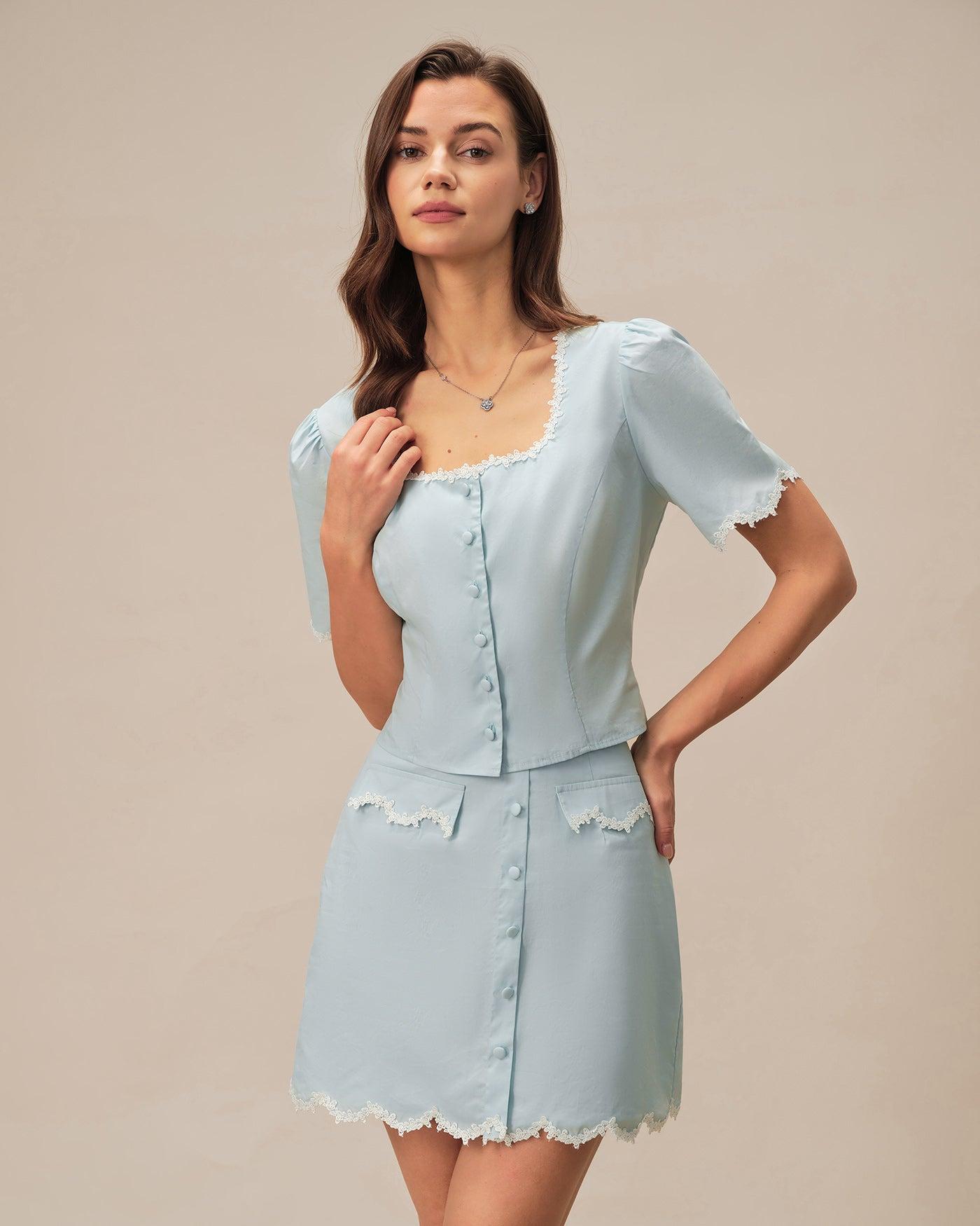 Light Blue Lace Button Square Neck Shirt Product Image