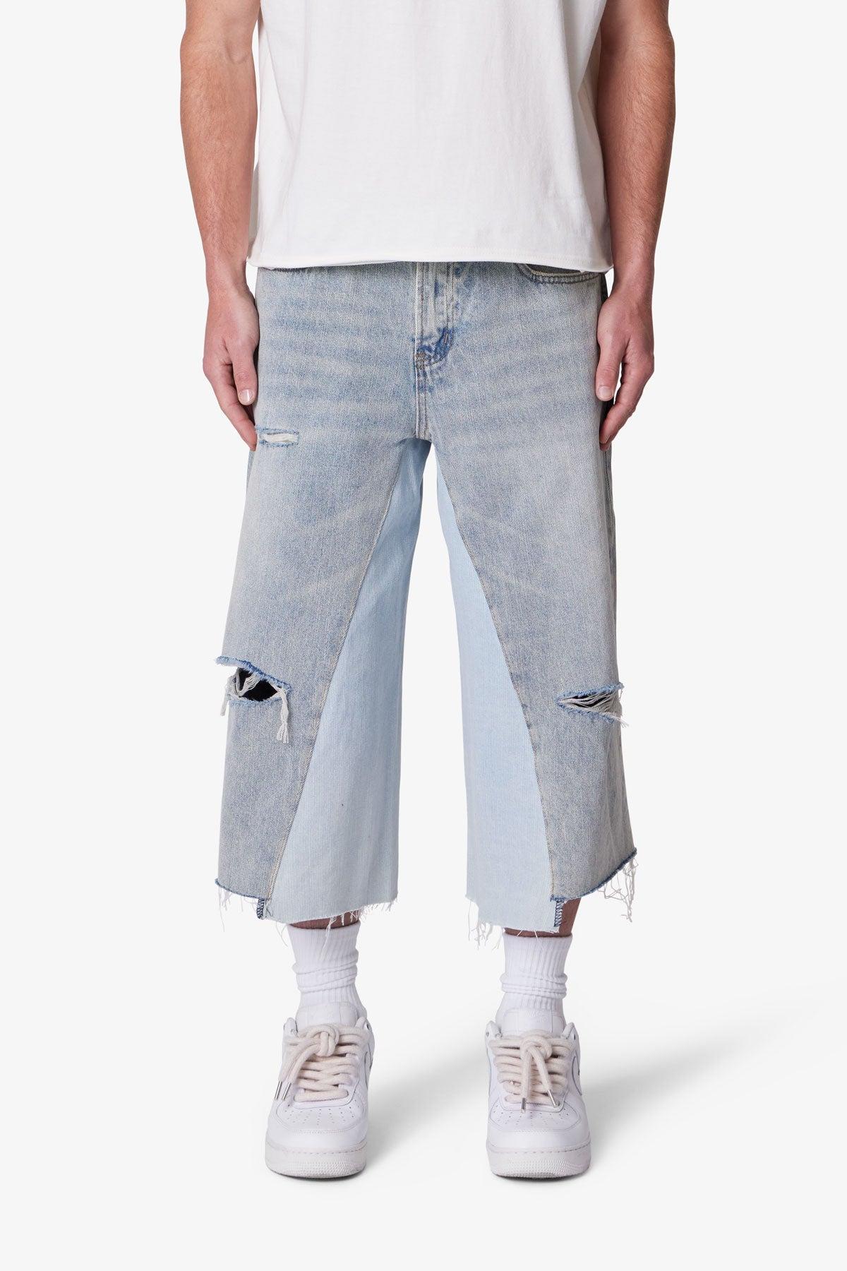 Panelled Denim Shorts - Washed Light Blue Product Image