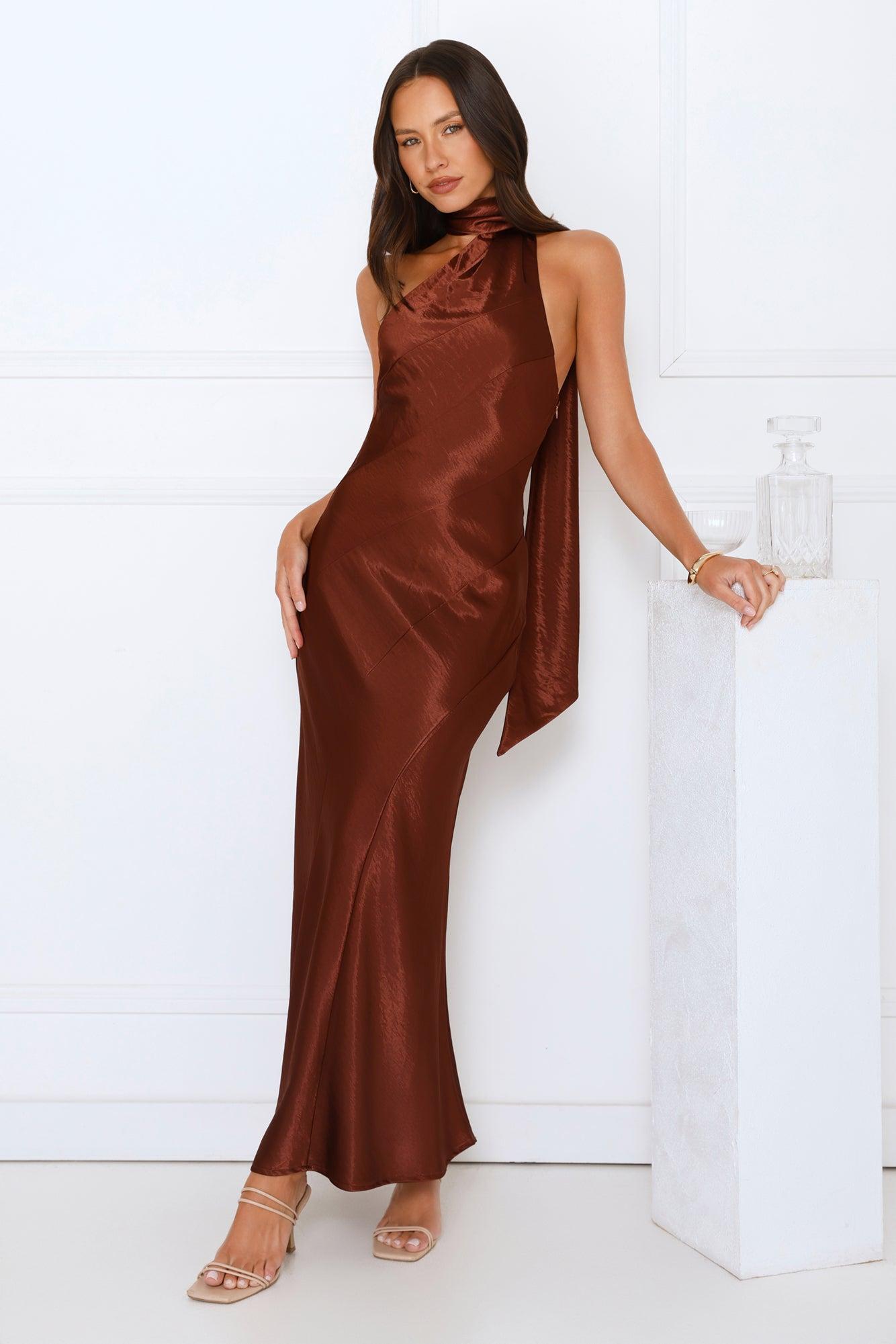 She’s Got Plans Satin Maxi Dress Brown Product Image