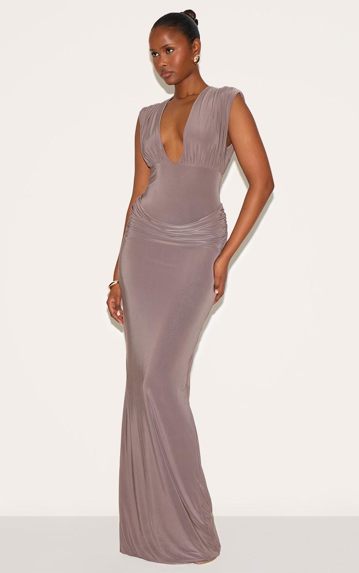 Taupe Double Layer Plunge Ruched Shoulder Drape Waist Maxi Dress Product Image