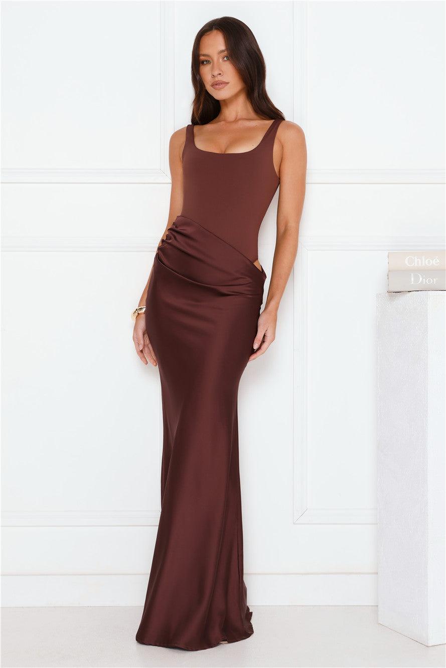 Effortlessly Yours Satin Maxi Dress Chocolate Product Image