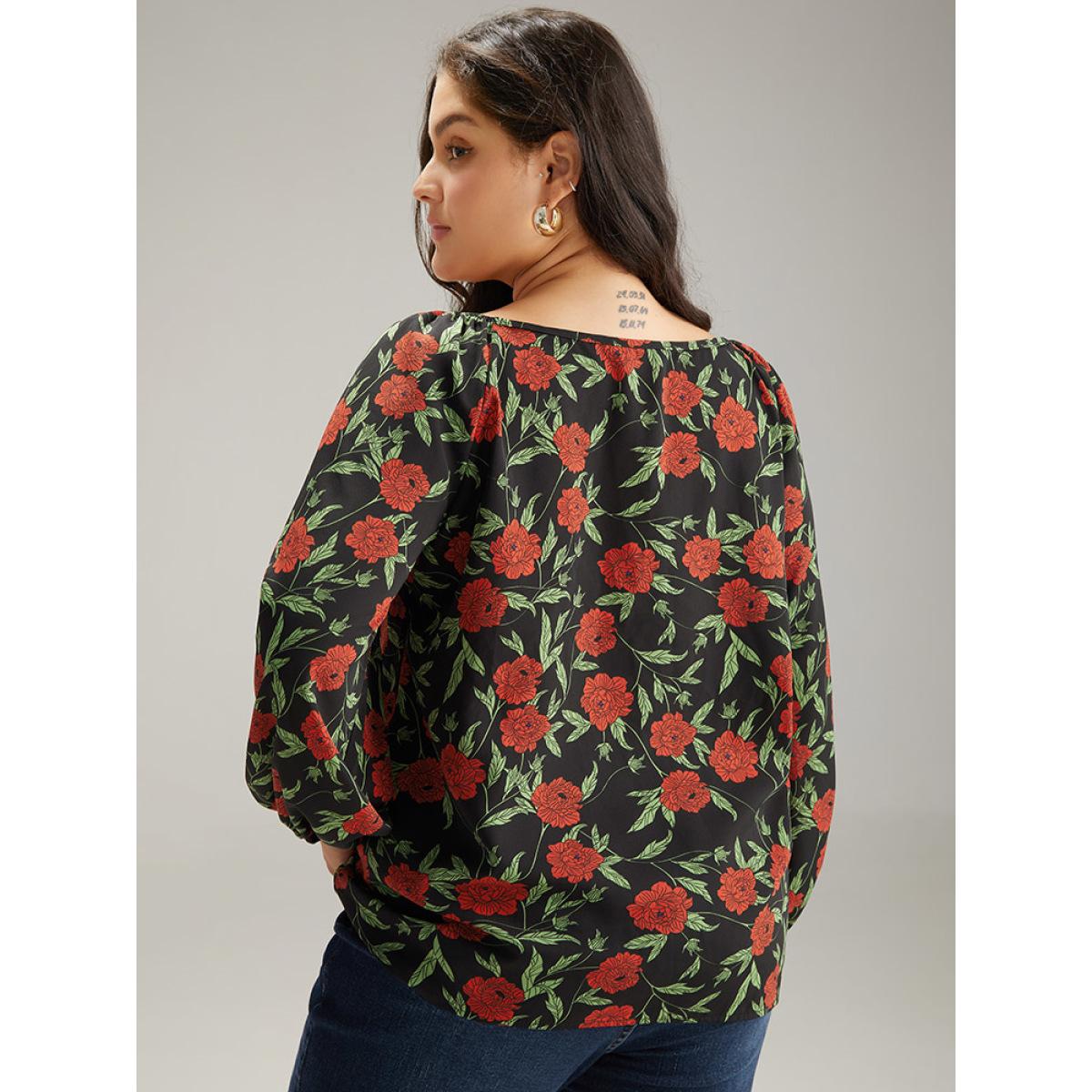 Plus Size BlackFlower Floral Print Notched Lantern Sleeve Blouse Women Elegant Long Sleeve Square Neck Dailywear Blouses BloomChic 10/M Product Image