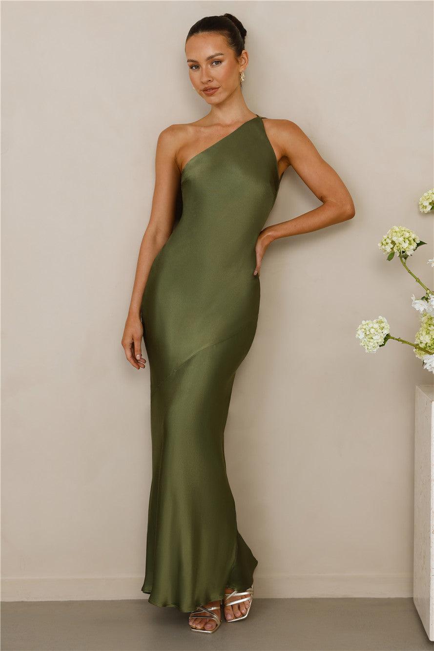 The Evangeline One Shoulder Satin Maxi Dress Olive Product Image