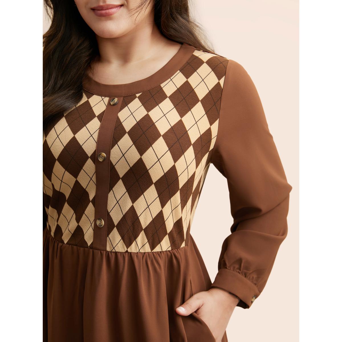 Plus Size Geometric Crew Neck Button Detail Dress Browncoffeecolor Women Elegant Patchwork Round Neck Long Sleeve Curvy BloomChic 12/L Product Image