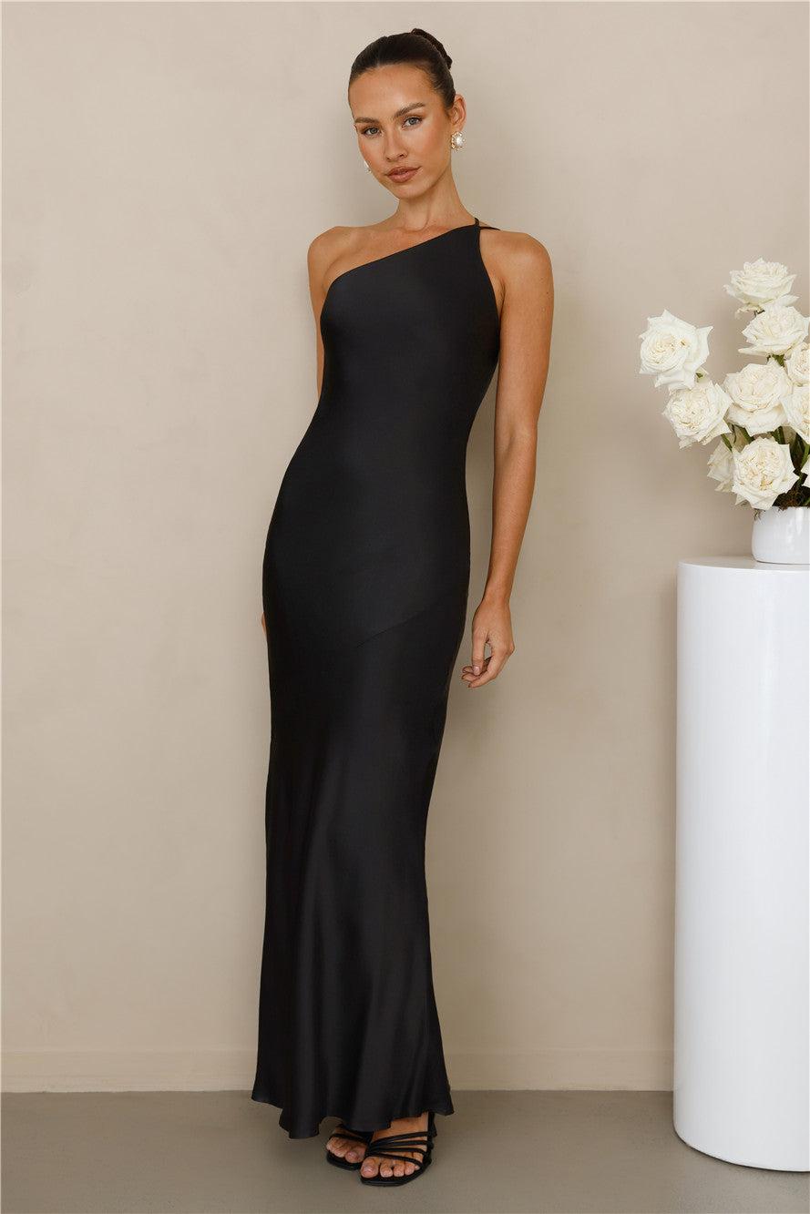 The Evangeline One Shoulder Satin Maxi Dress Black Product Image