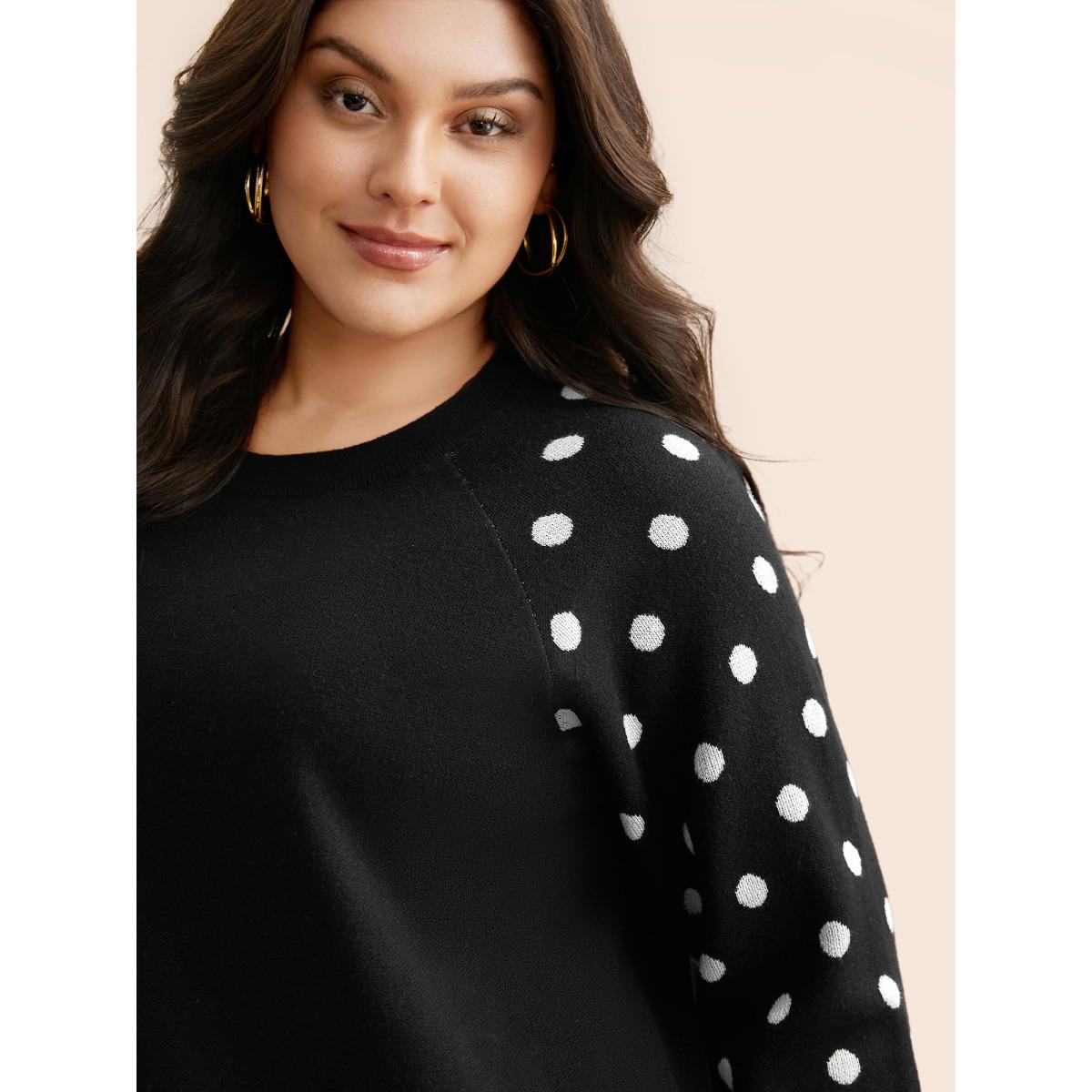 Plus Size Polka Dot Crew Neck Raglan Sleeve Pullover Black Women Casual Loose Long Sleeve Round Neck Everyday Pullovers BloomChic 18-20/2X Product Image