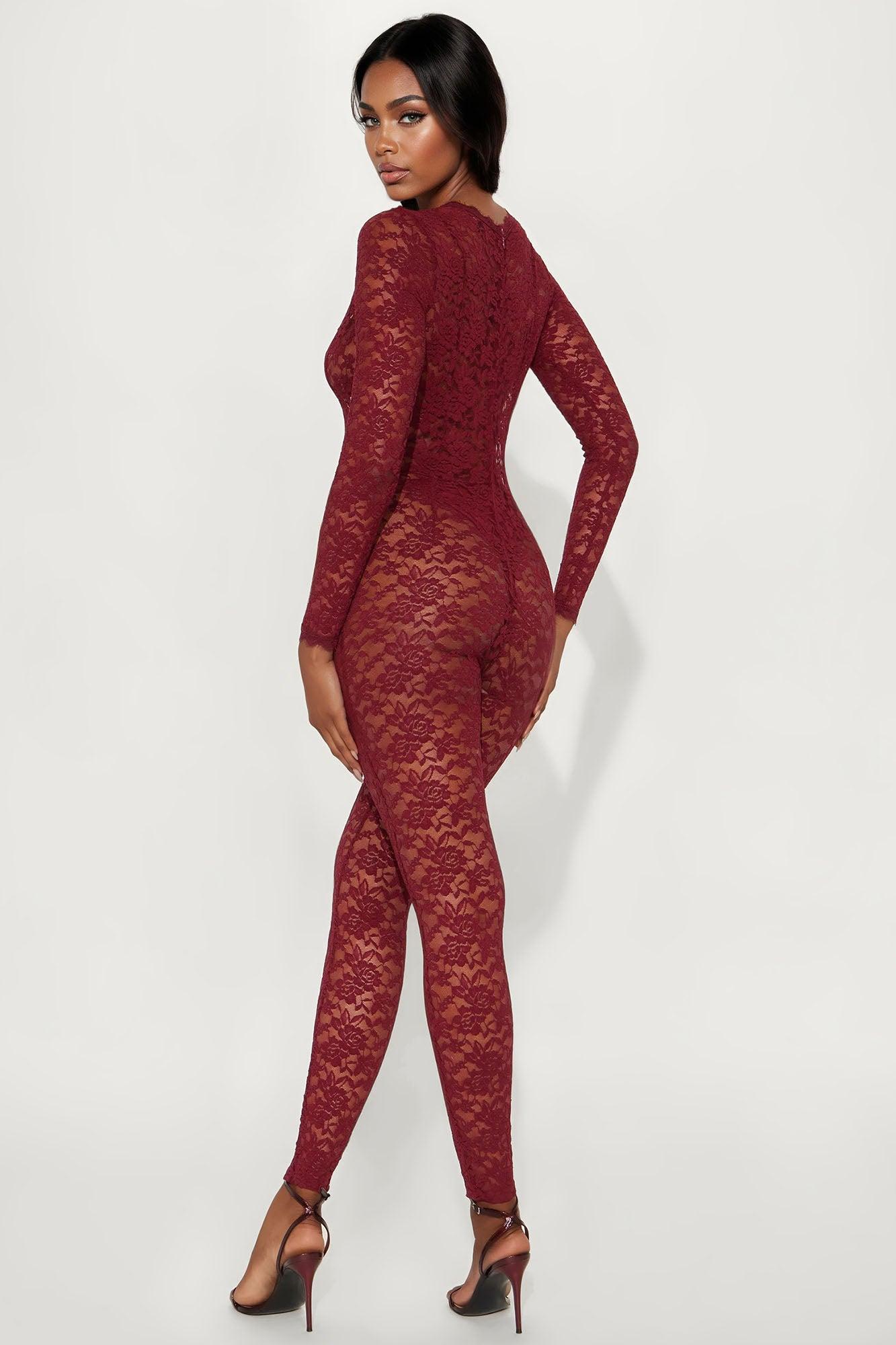 Victoria Lace Jumpsuit - Burgundy Female Product Image