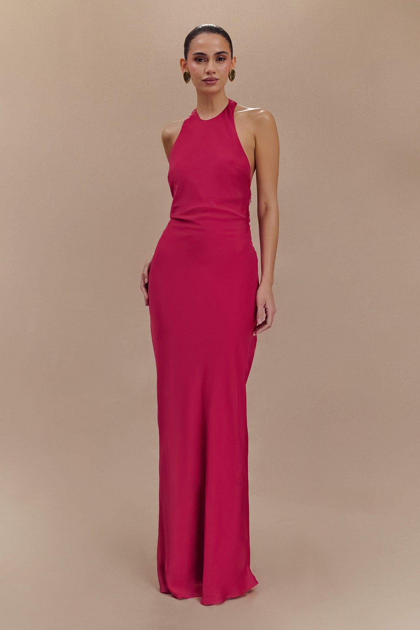 Rinna Satin Halter Maxi Dress - Pink Cherry Product Image