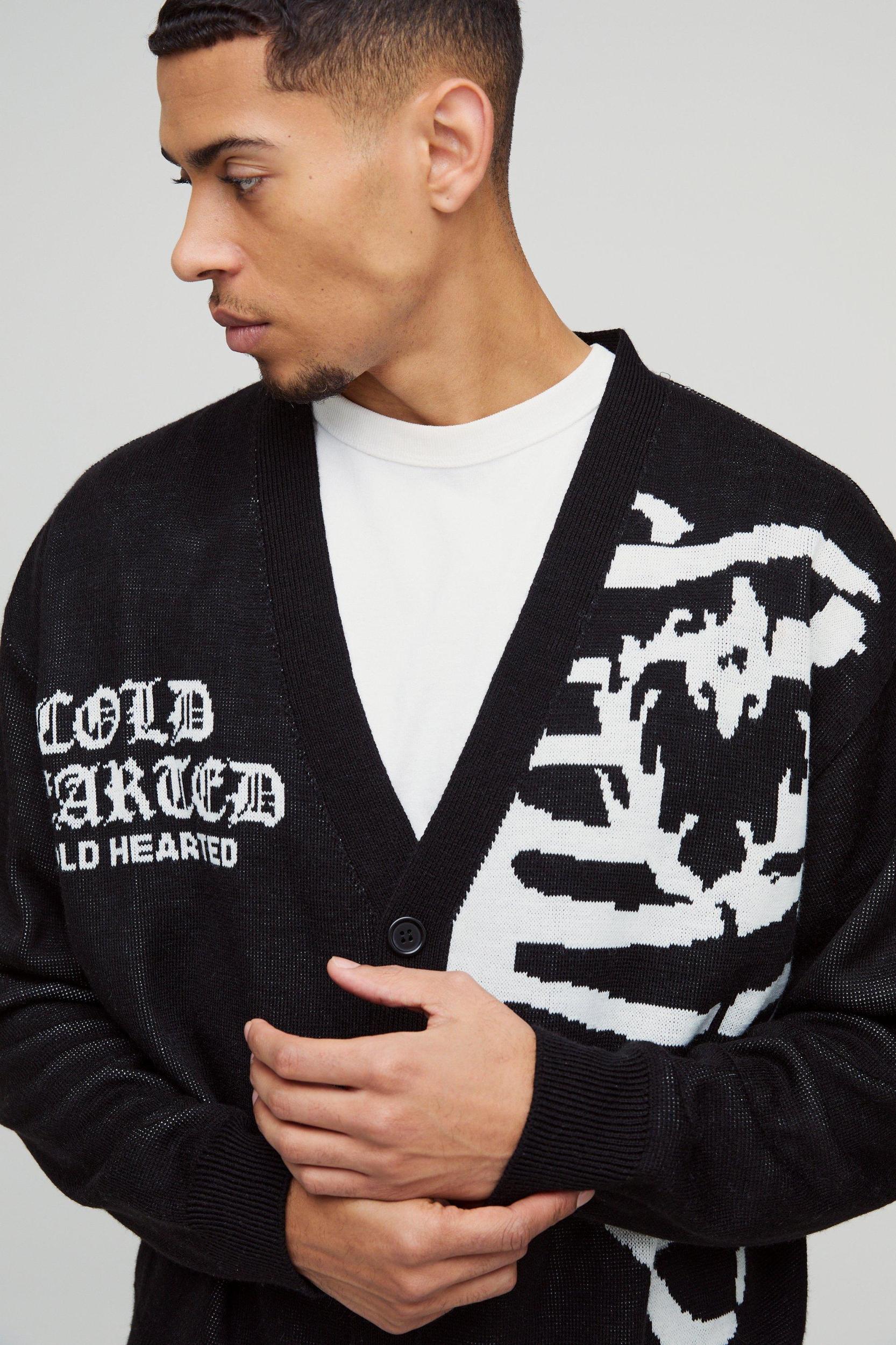 Oversized Boxy Drop Shoulder Spliced Skeleton Printed Knitted Cardigan | boohooMAN USA Product Image