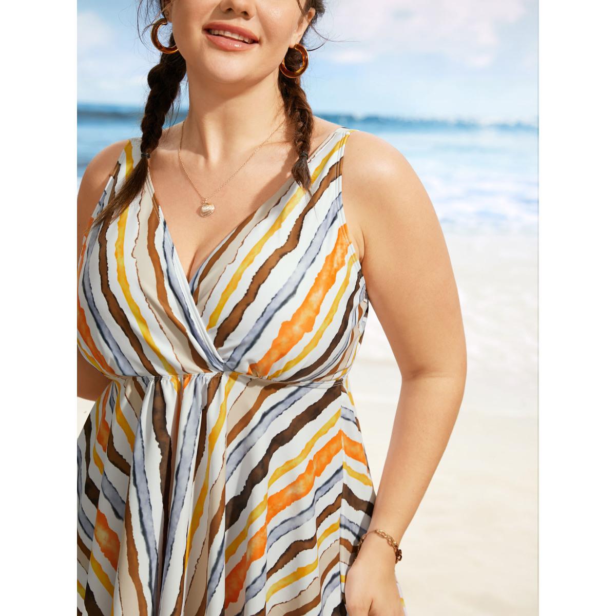 Plus Size Overlap Collar Striped Elastic Waist Swim Top Women's Swimwear Multicolor Beach Contrast High stretch Bodycon Overlap Collar Curve Swim Tops BloomChic 12/L Product Image