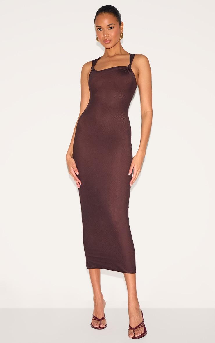 Dark Taupe Lined Mesh Asymmetrical Knotted Midaxi Dress Product Image