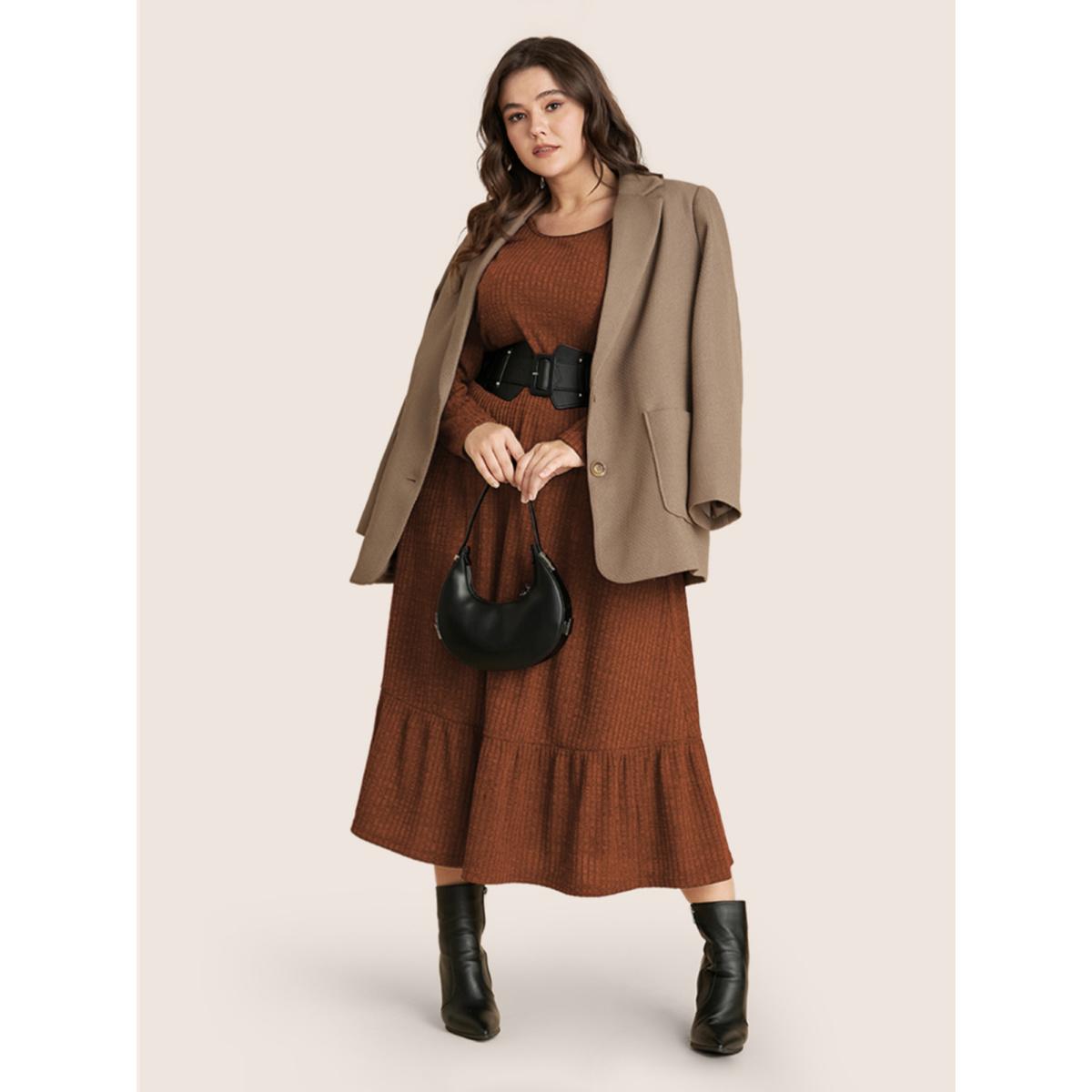 Plus Size Solid Pocket Rib Knit Ruffle Hem Dress Without Belt Coral Women Basics Non Round Neck Long Sleeve Curvy Midi Dress BloomChic 14-16/1X Product Image