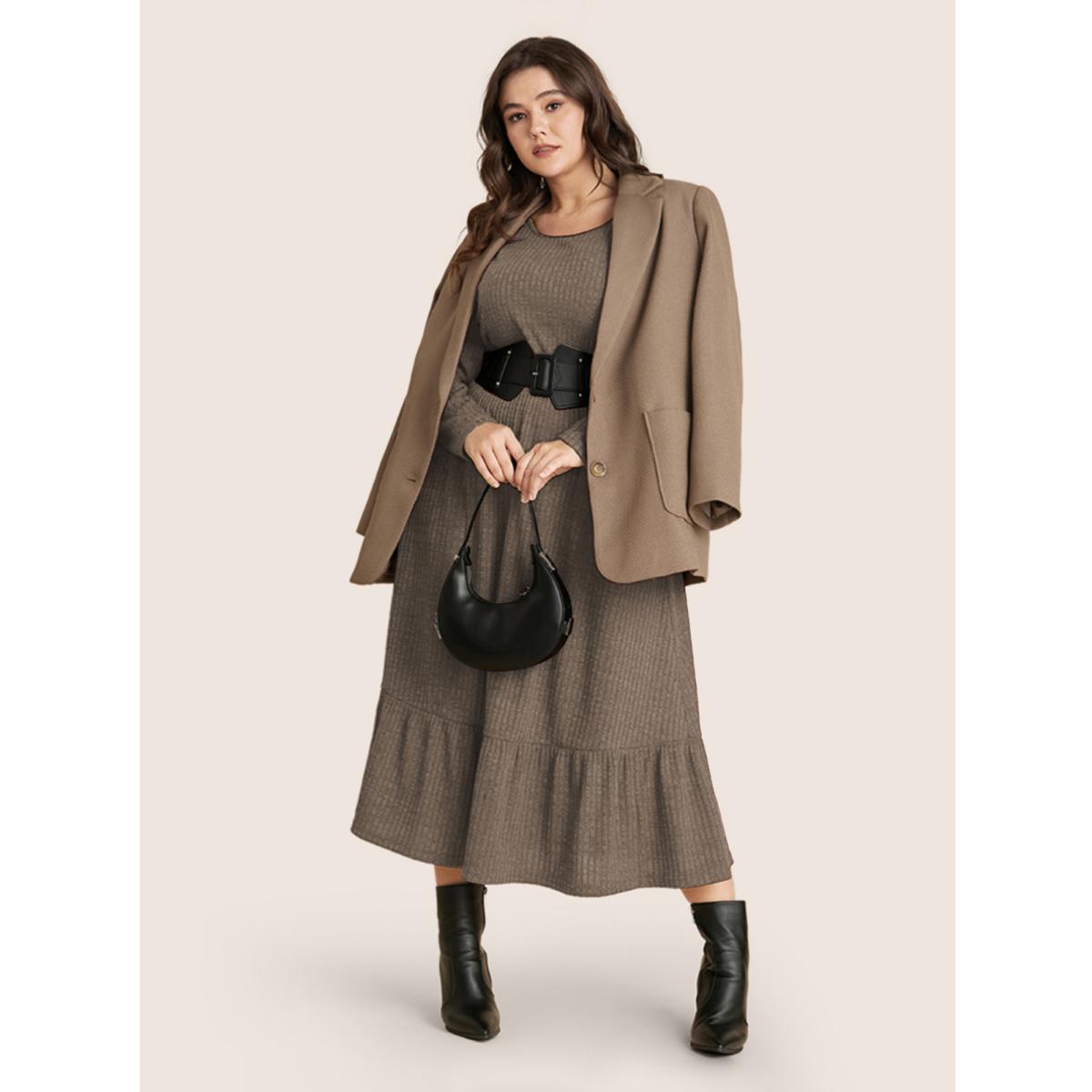 Plus Size Solid Pocket Rib Knit Ruffle Hem Dress Without Belt Bronze Women Basics Non Round Neck Long Sleeve Curvy Midi Dress BloomChic 14-16/1X Product Image