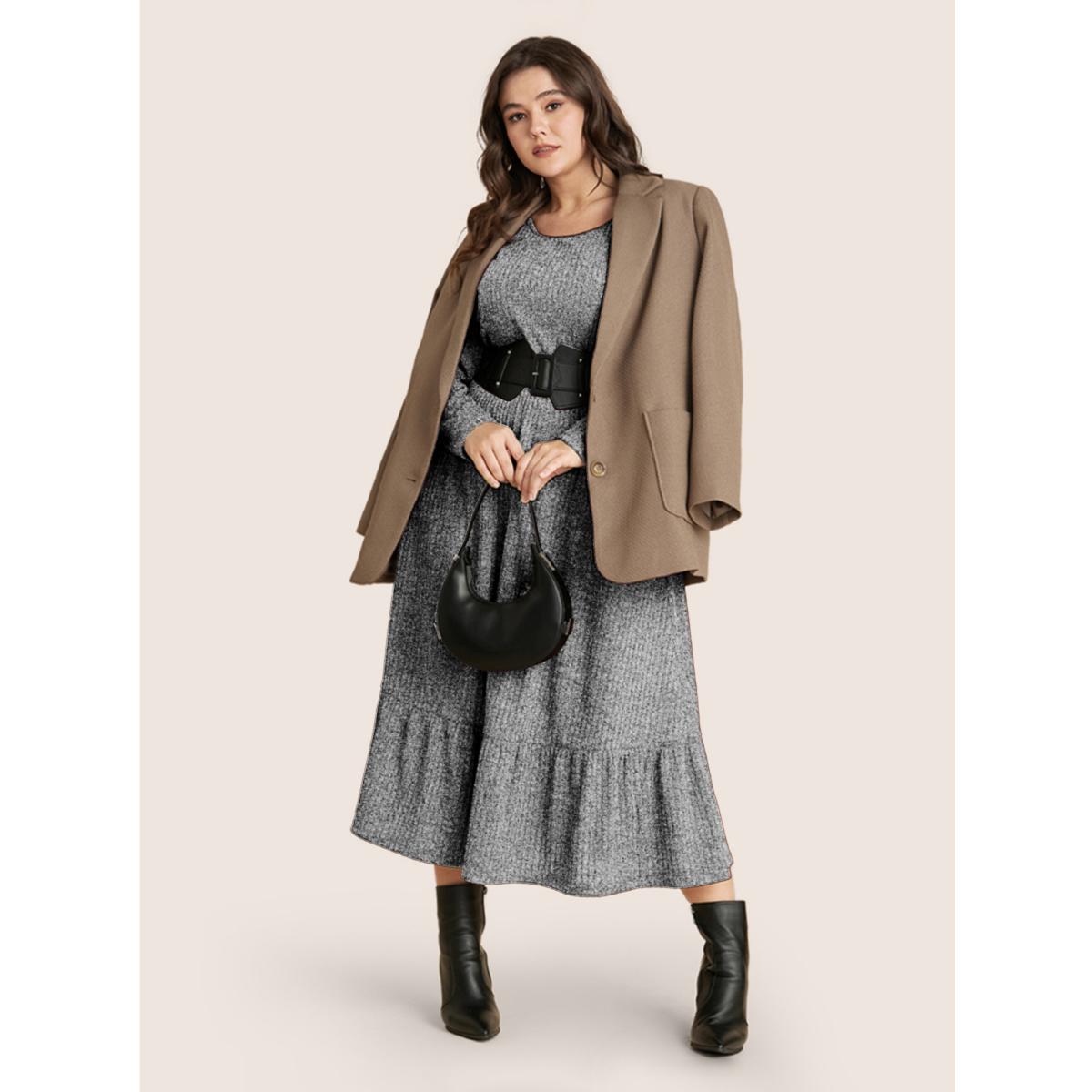 Plus Size Solid Pocket Rib Knit Ruffle Hem Dress Without Belt Mediumgray Women Basics Non Round Neck Long Sleeve Curvy Midi Dress BloomChic 10/M Product Image