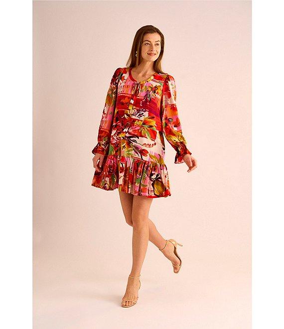 Vince Camuto Woven Floral Print Split Round Neck Long Sleeve Shift Dress Product Image