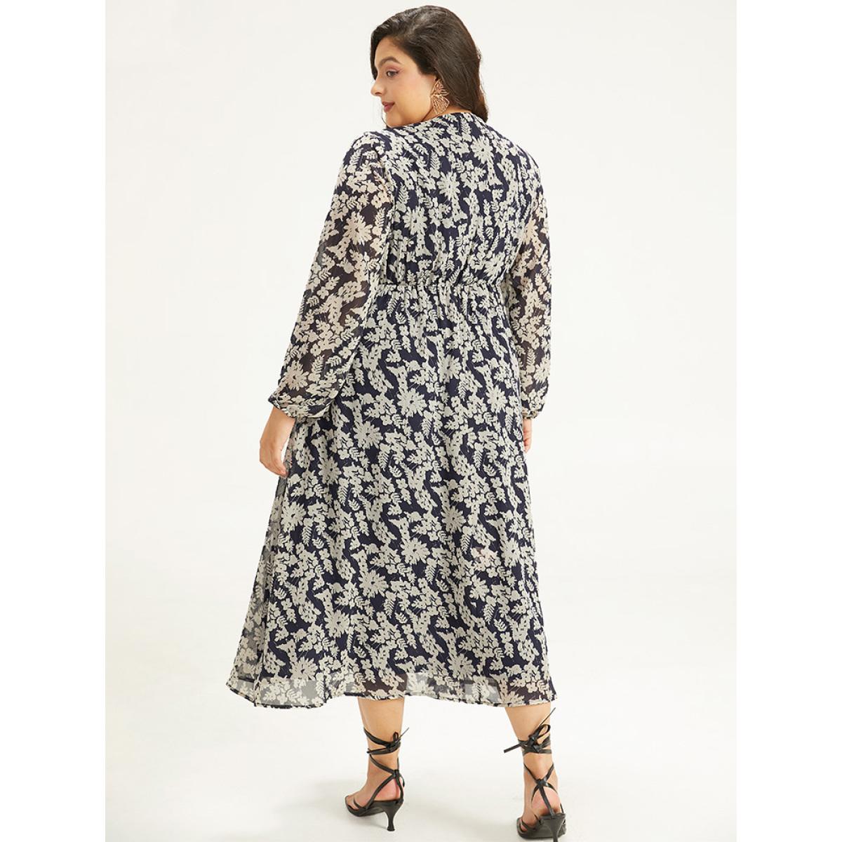 Plus Size Silhouette Floral Print Lantern Sleeve Dress DarkBlue Women Elegant Elastic cuffs V-neck Long Sleeve Curvy Midi Dress BloomChic 22-24/3X Product Image