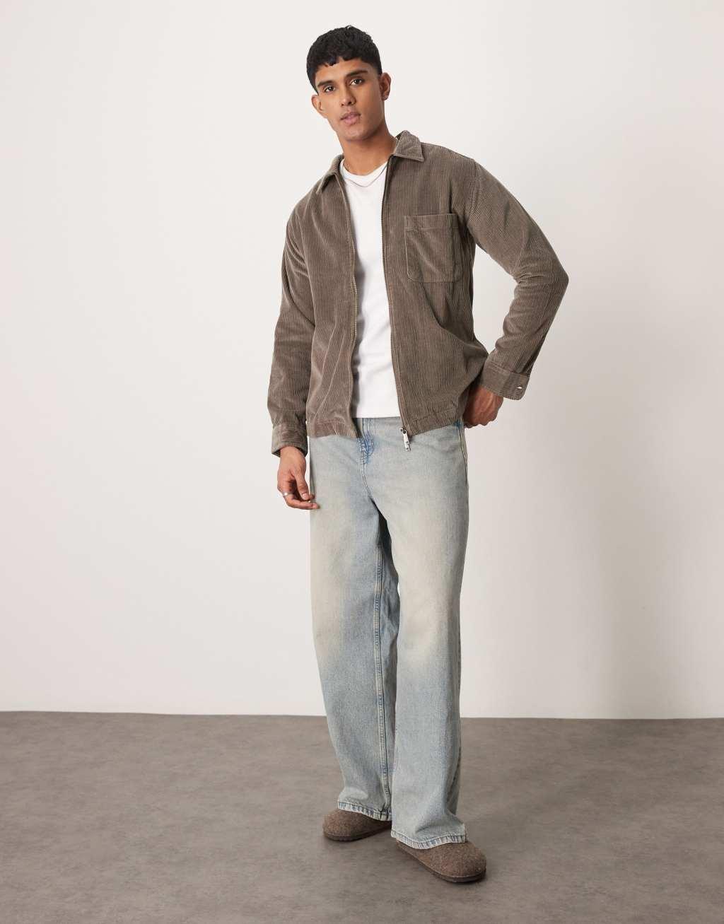 Selected Homme zip through cord shirt in tan Product Image