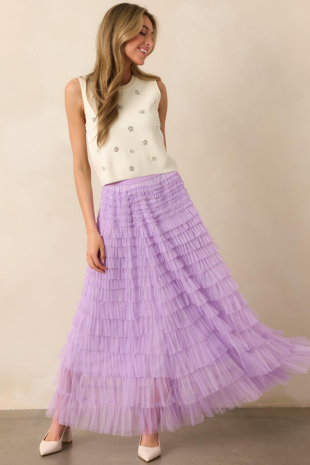 Garden Gathering Lavender Tiered Ruffle Tulle Maxi Skirt Product Image