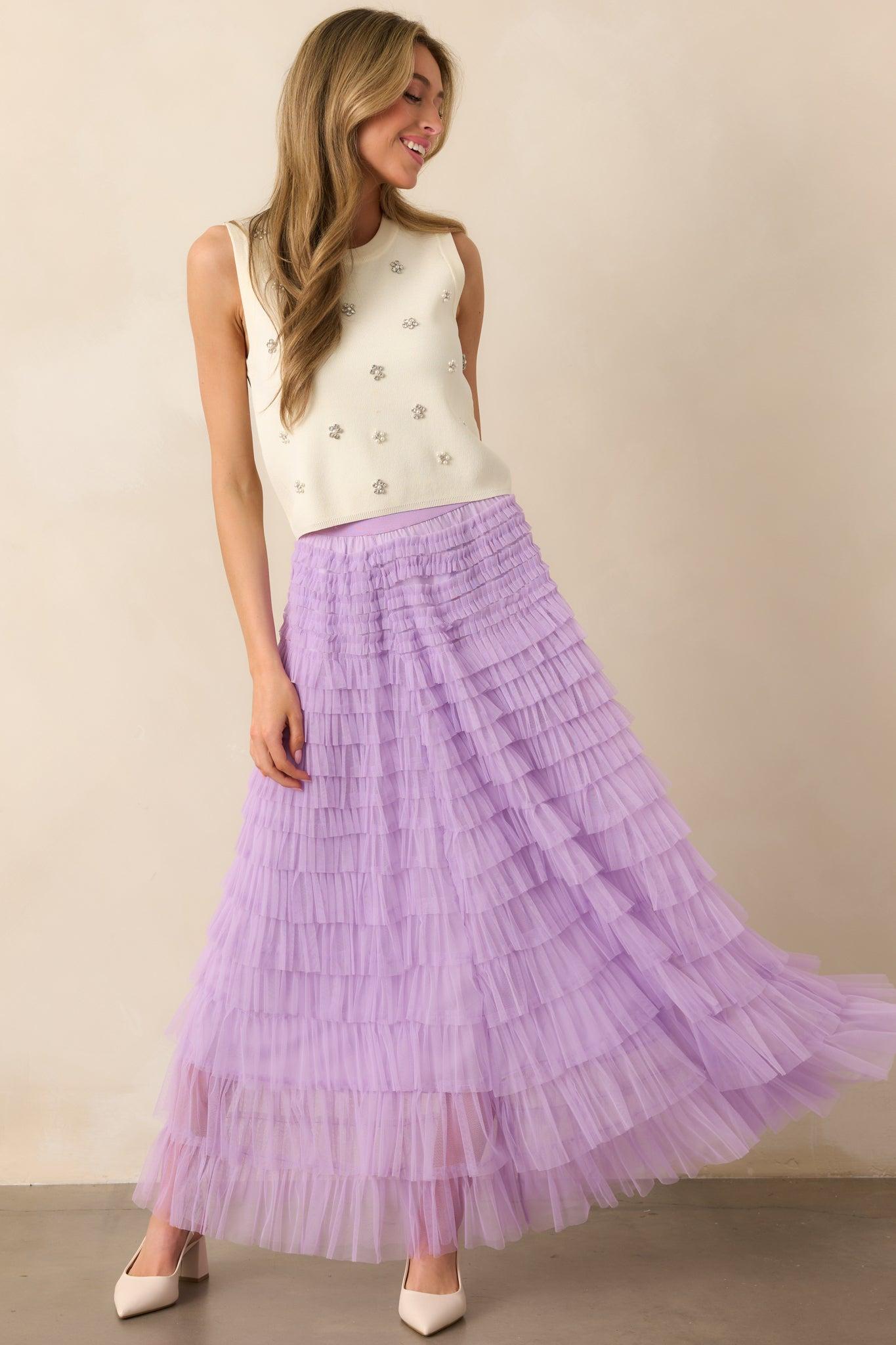 Garden Gathering Lavender Tiered Ruffle Tulle Maxi Skirt Product Image