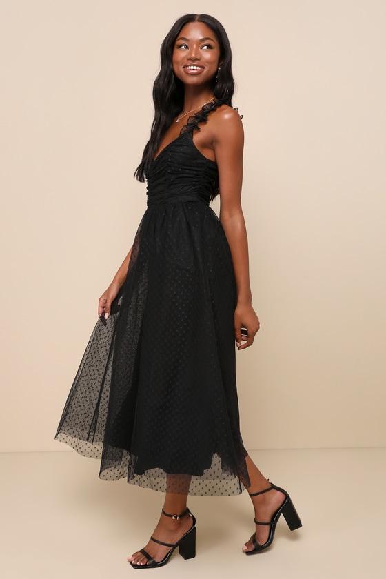 Forever Celebrated Black Swiss Dot Ruched Tulle Midi Dress Product Image