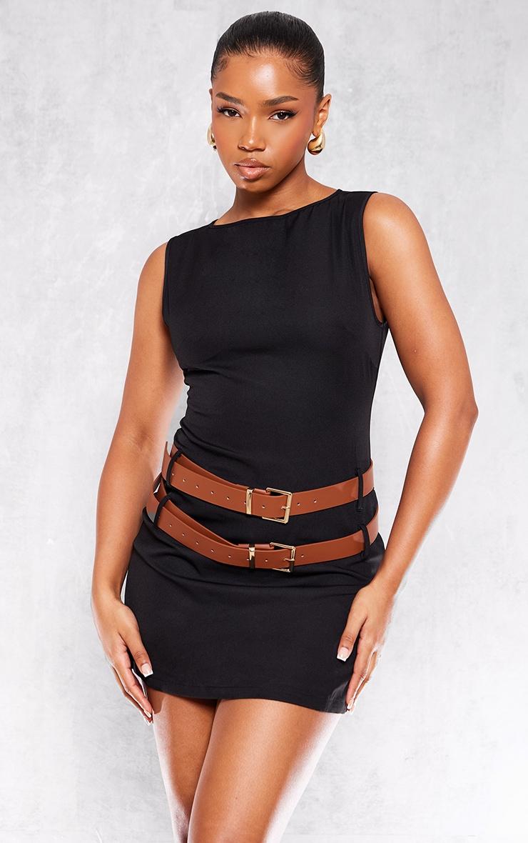 Black Racer Neck Double Belt Skort Romper Product Image