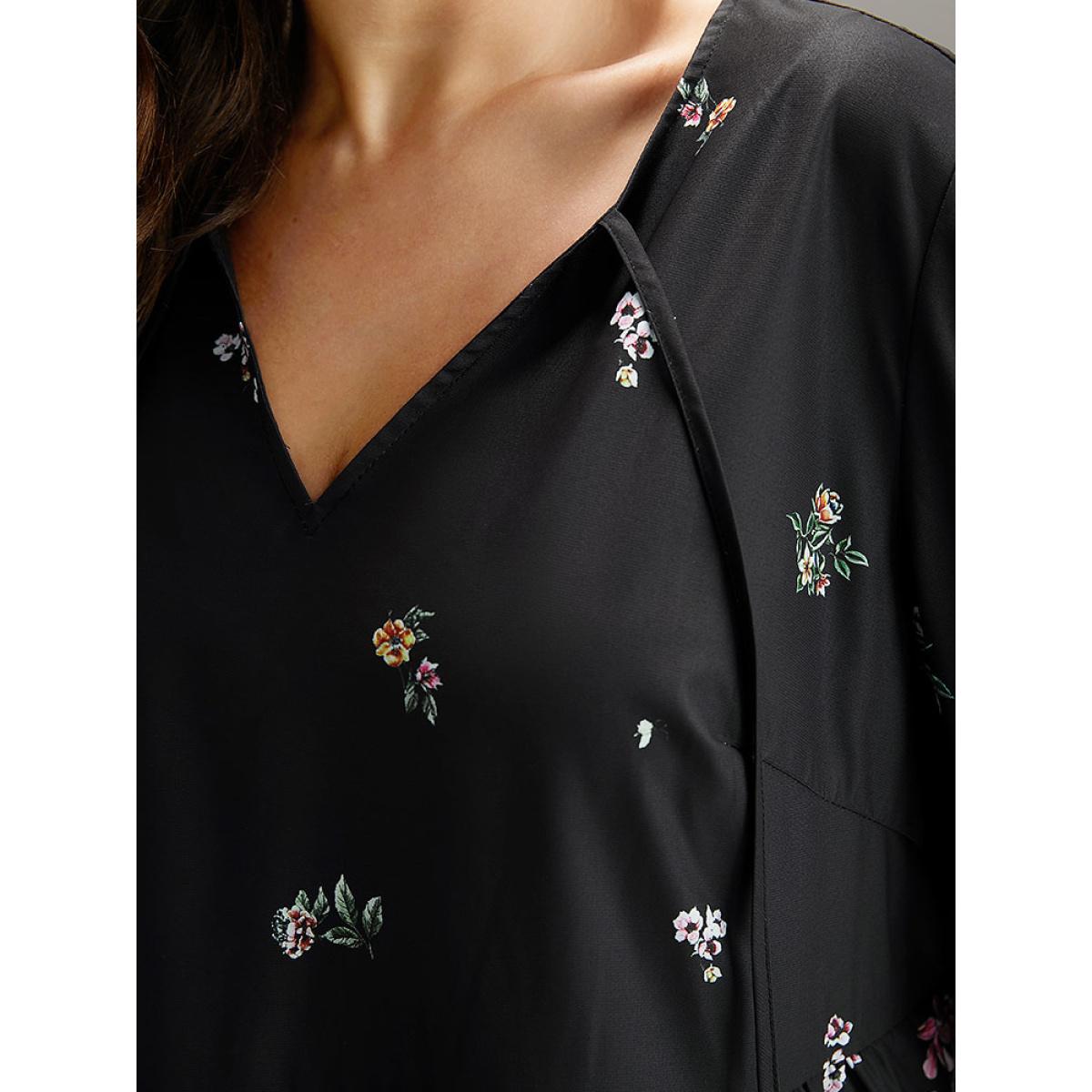 Plus Size BlackFlower Floral Print Tie Neck Blouse Women Elegant Long Sleeve V-neck Dailywear Blouses BloomChic 18-20/2X Product Image