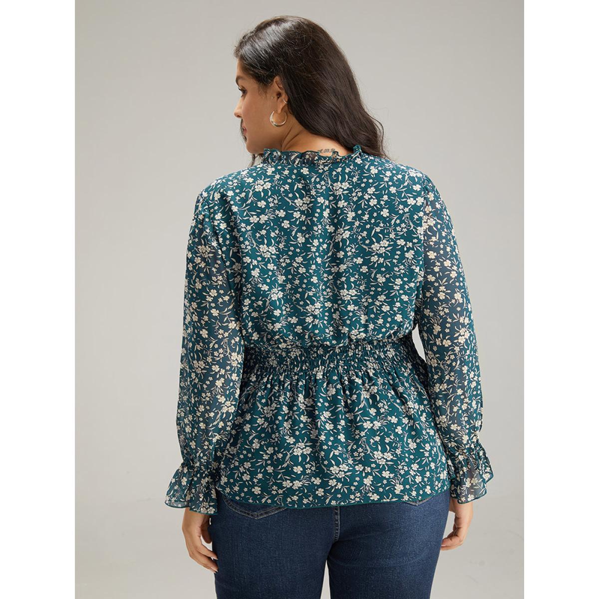 Plus Size Aegean Ditsy Floral Chiffon Shirred Ruffles Frill Trim Blouse Women Elegant Long Sleeve V-neck Dailywear Blouses BloomChic 18-20/2X Product Image