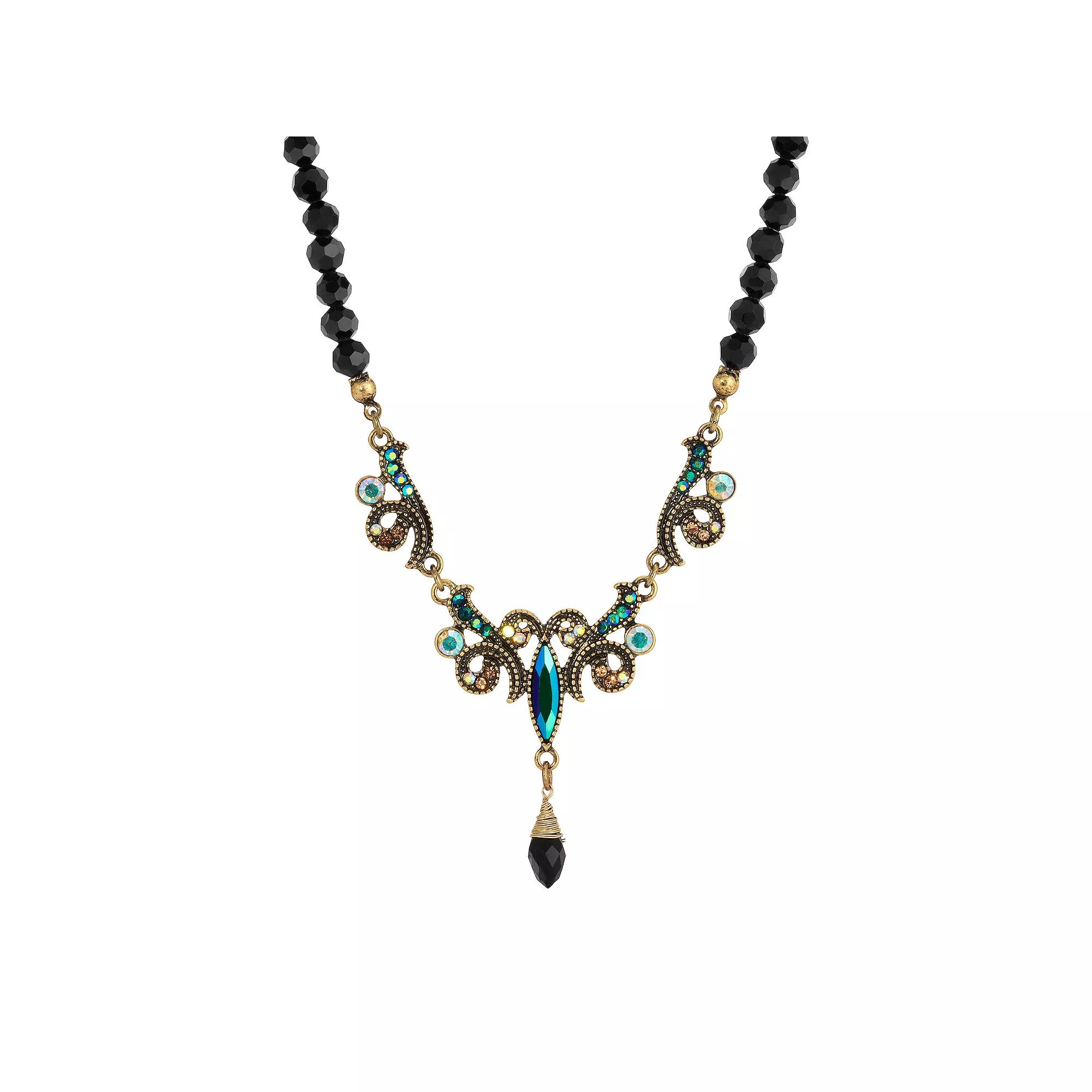 1928 Gold Tone Blue Iridescent Glass Stone and Jet Black Bead Necklace, Womens Product Image