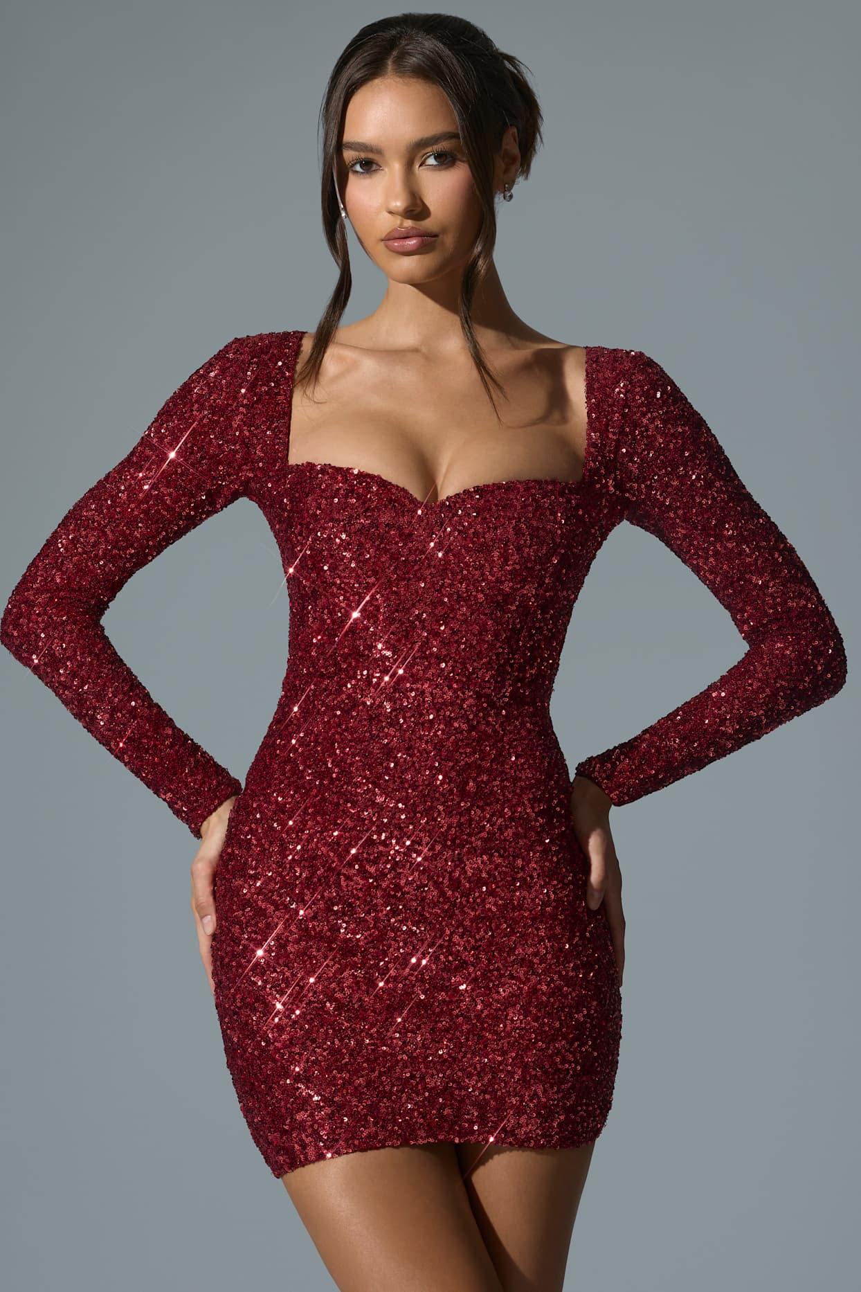 Embellished Sweetheart-Neck Mini Dress in Red Product Image