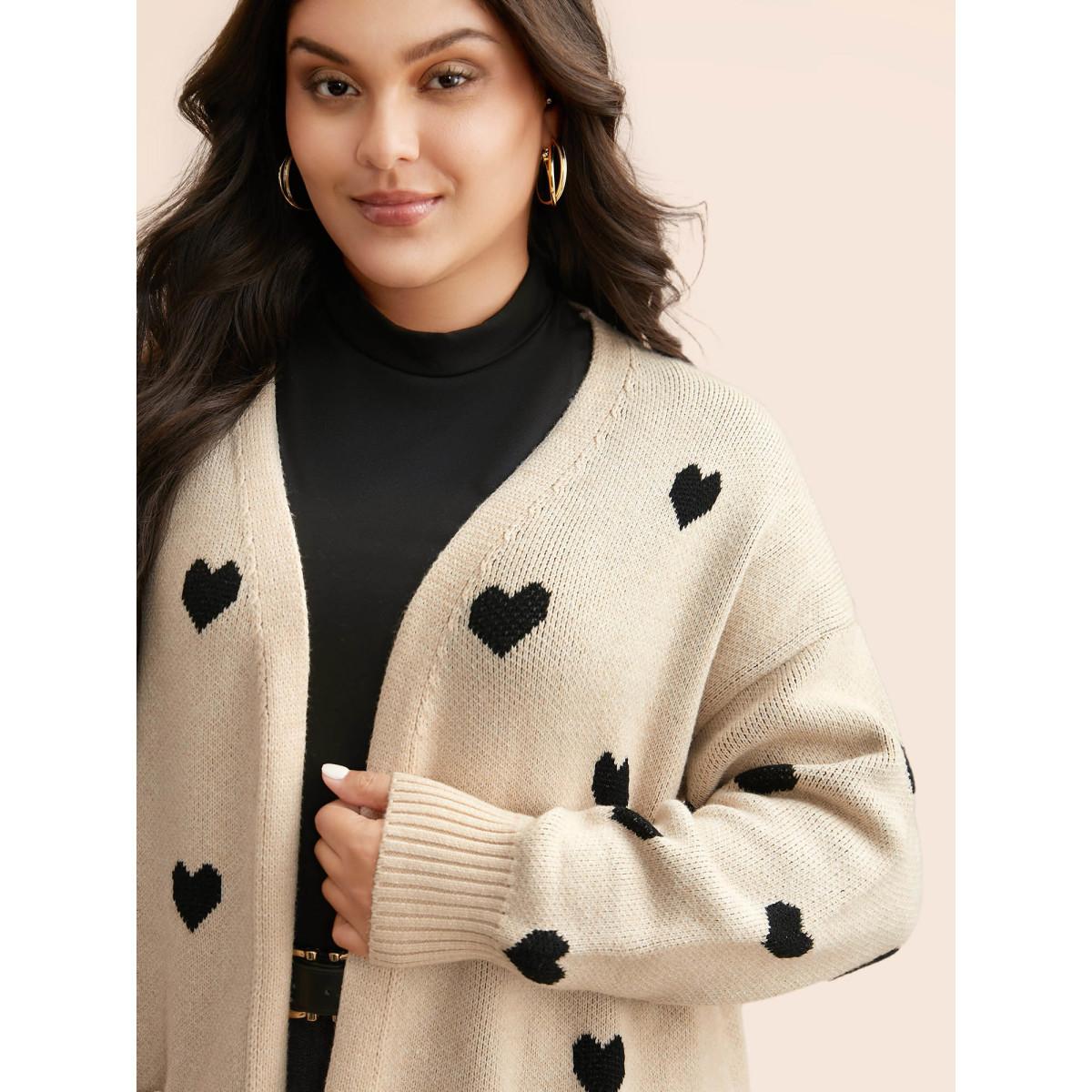 Plus Size Heart-shaped Pattern Patch Pocket Cardigan Apricot Women Basics Loose Long Sleeve Everyday Cardigans BloomChic 14-16/1X Product Image