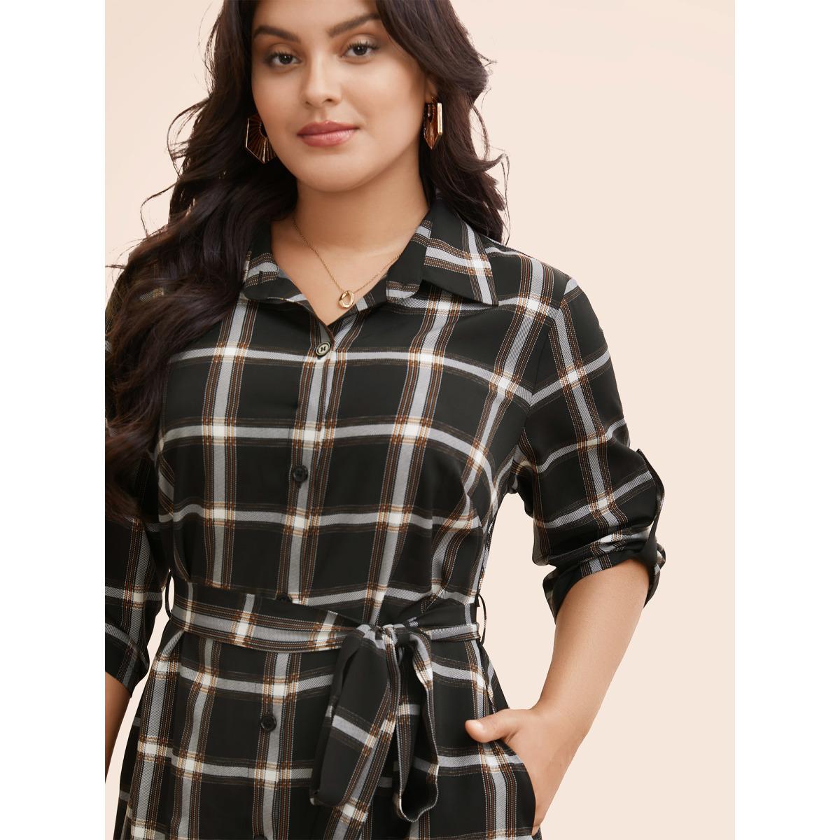 Plus Size Plaid Shirt Collar Belted Tab Sleeve Dress Black Women Elegant Belted Shirt collar Elbow-length sleeve Curvy BloomChic 28/5X Product Image