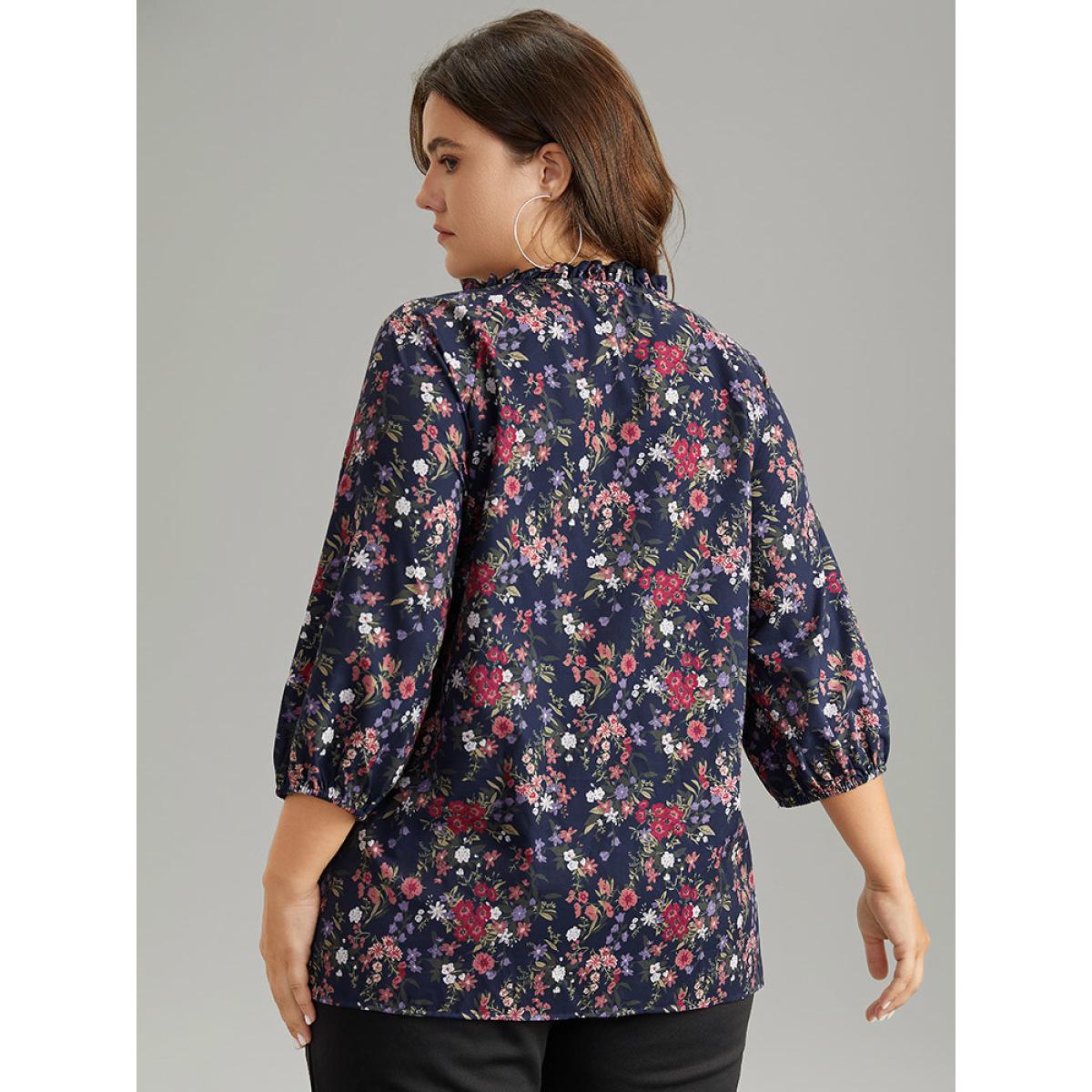 Plus Size Indigo Ditsy Floral Tie Neck Elastic Cuffs Blouse Women Elegant Elbow-length sleeve Tie Neck Dailywear Blouses BloomChic 30/6X Product Image
