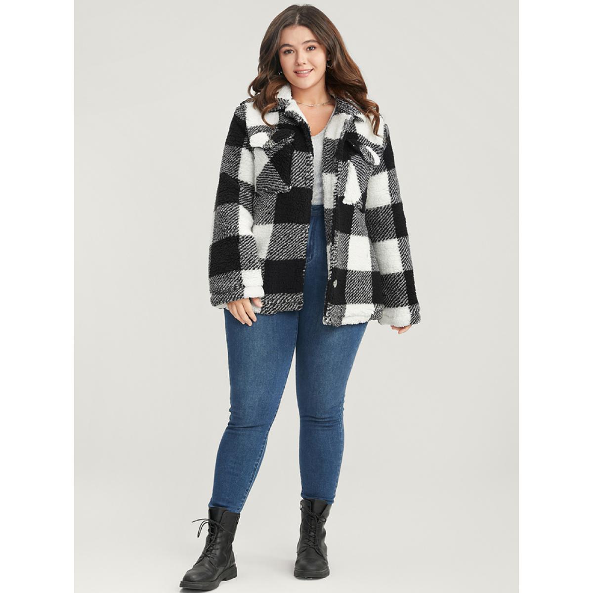 Plus Size Plaid Flap Pocket Button Front Coat Women Black Casual Button Ladies Dailywear Winter Coats BloomChic 30/6X Product Image