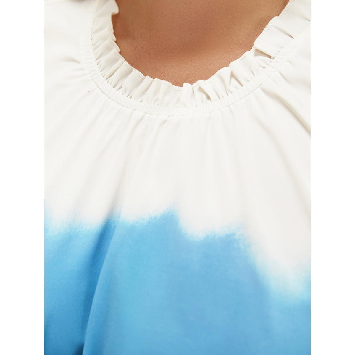 Plus Size Cerulean Tie Dye Frill Trim Mock Neck Ruffle Asymmetrical Hem Blouse Women Vacation Half Sleeve Mock Neck Dailywear Blouses BloomChic 22-24/3X Product Image